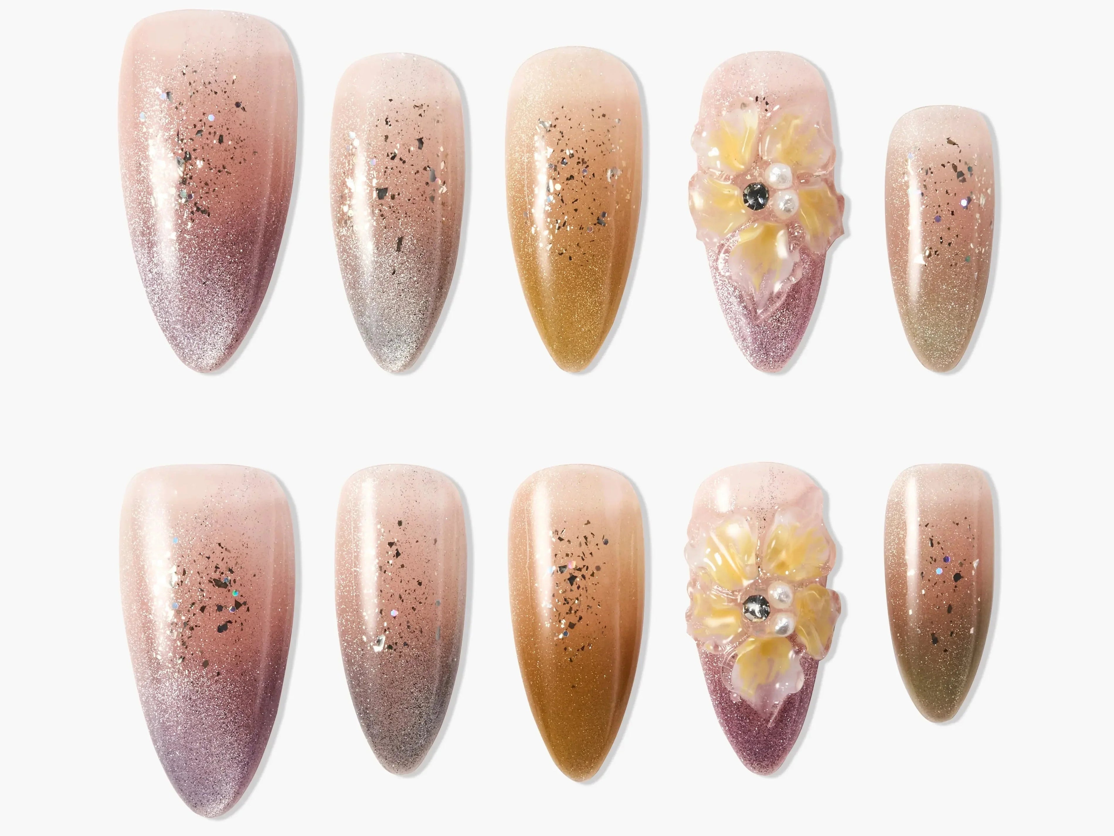 Set of 10 ombre pink and gold glitter press-on nails with 3D floral and pearl accents