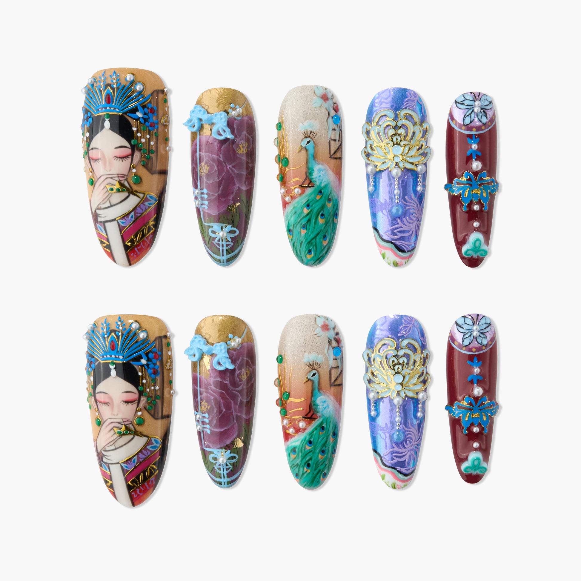 Handmade press-on nails with intricate peacock and floral designs, elegant and colorful art