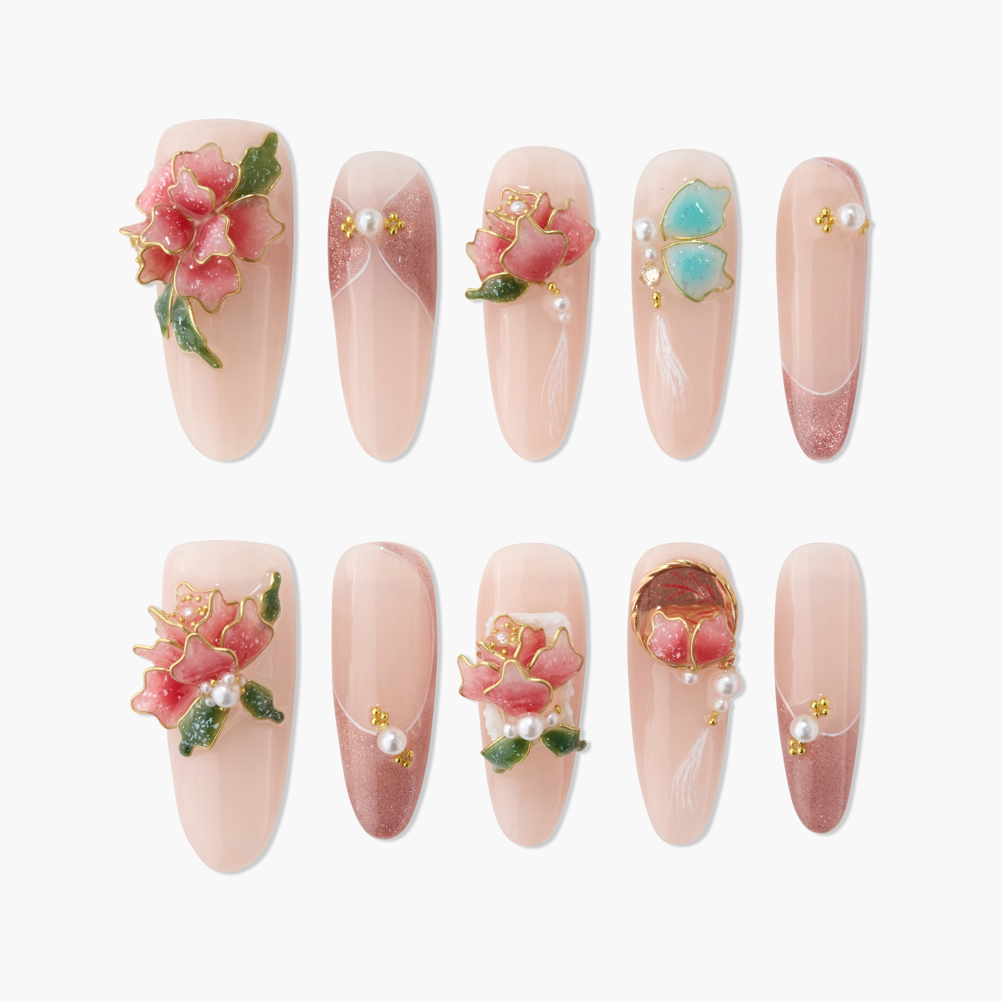 Handmade press-on nails with pink 3D floral designs, pearls, and gold accents on nude base.