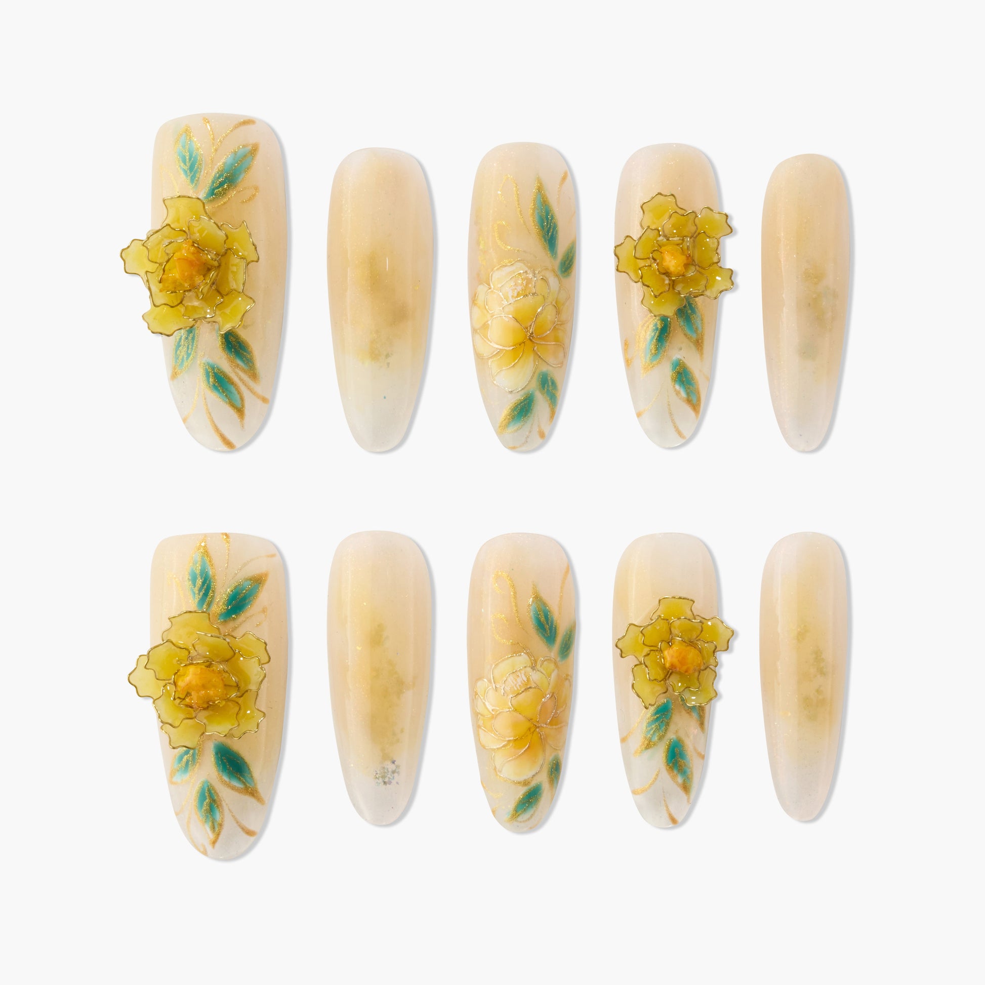 Yellow floral handmade press-on nails with 3D flower and leaf designs, elegant nude base