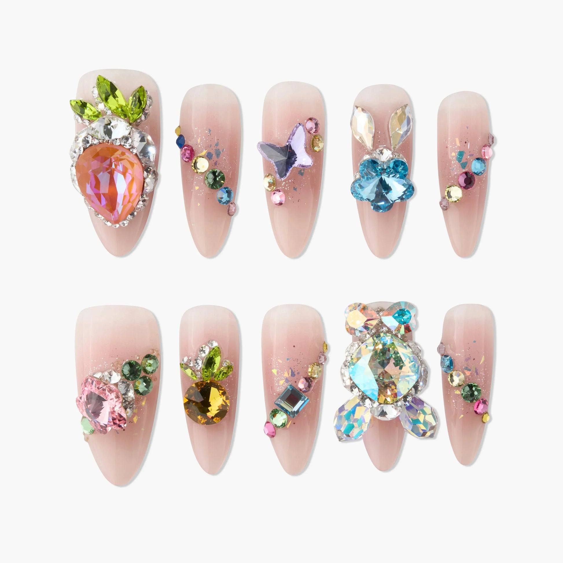 Handmade press-on nails with pink base and colorful 3D rhinestone gem designs