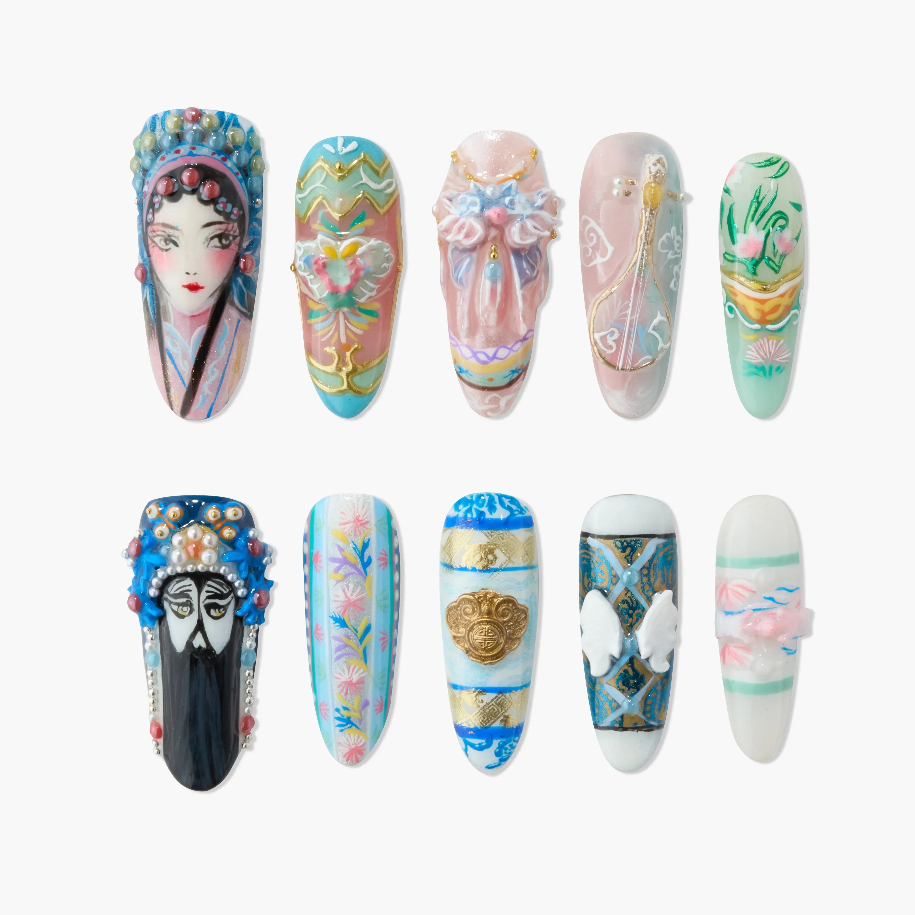 Handmade press-on nails with intricate hand-painted Chinese opera and floral designs, 3D embellishments.