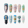 Handmade press-on nails with intricate hand-painted Chinese opera and floral designs, 3D embellishments.