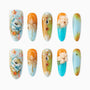 Handmade press-on nails with horse art, 3D floral accents, and jeweled orange-blue designs