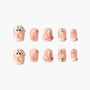 Handmade press-on nails with 3D pink bunny and heart designs on a nude base.
