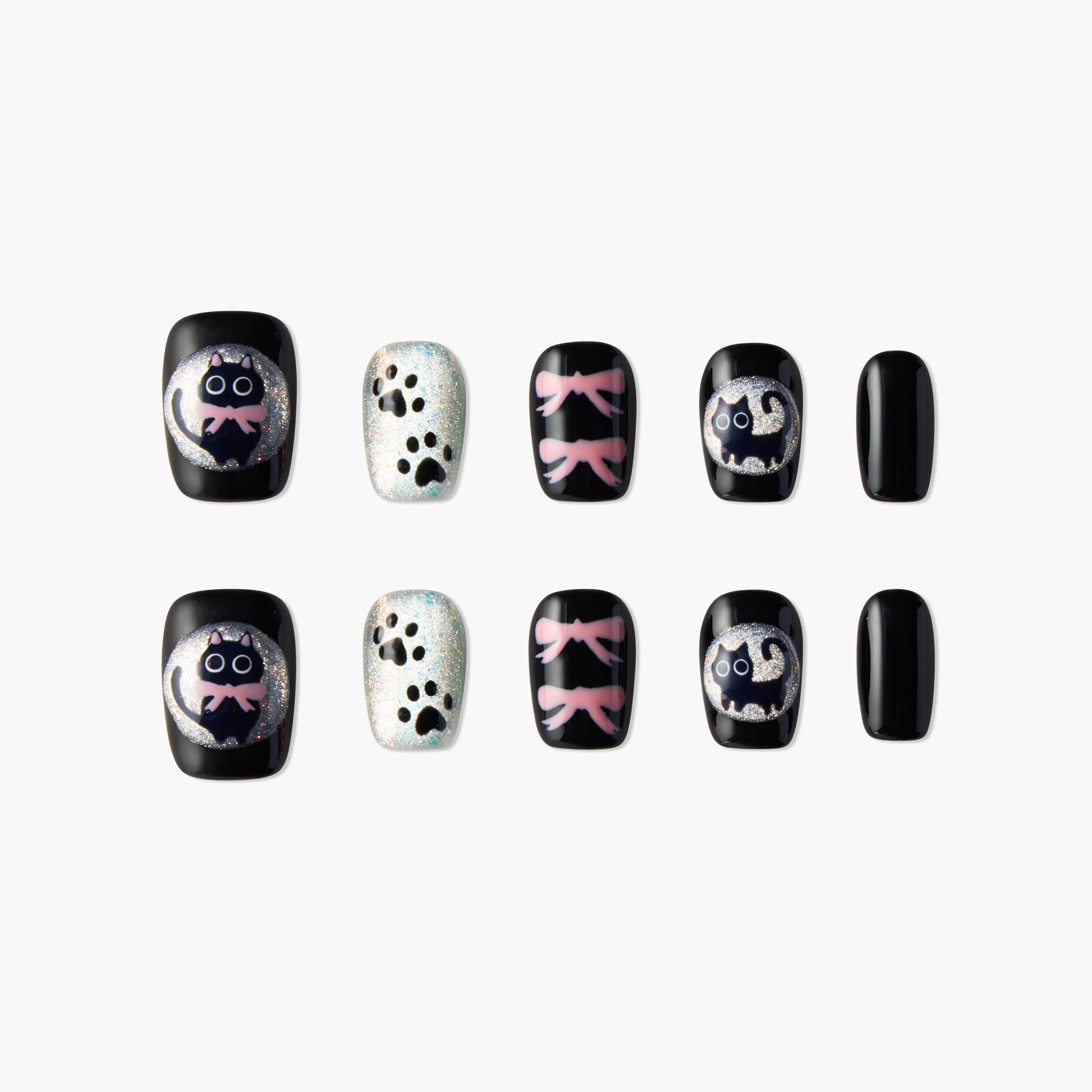 Handmade press-on nails with black cat, paw prints, pink bows, and glitter accents