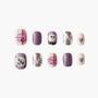 Purple and cream handmade press-on nails with plaid, zigzag, cartoon, and heart designs