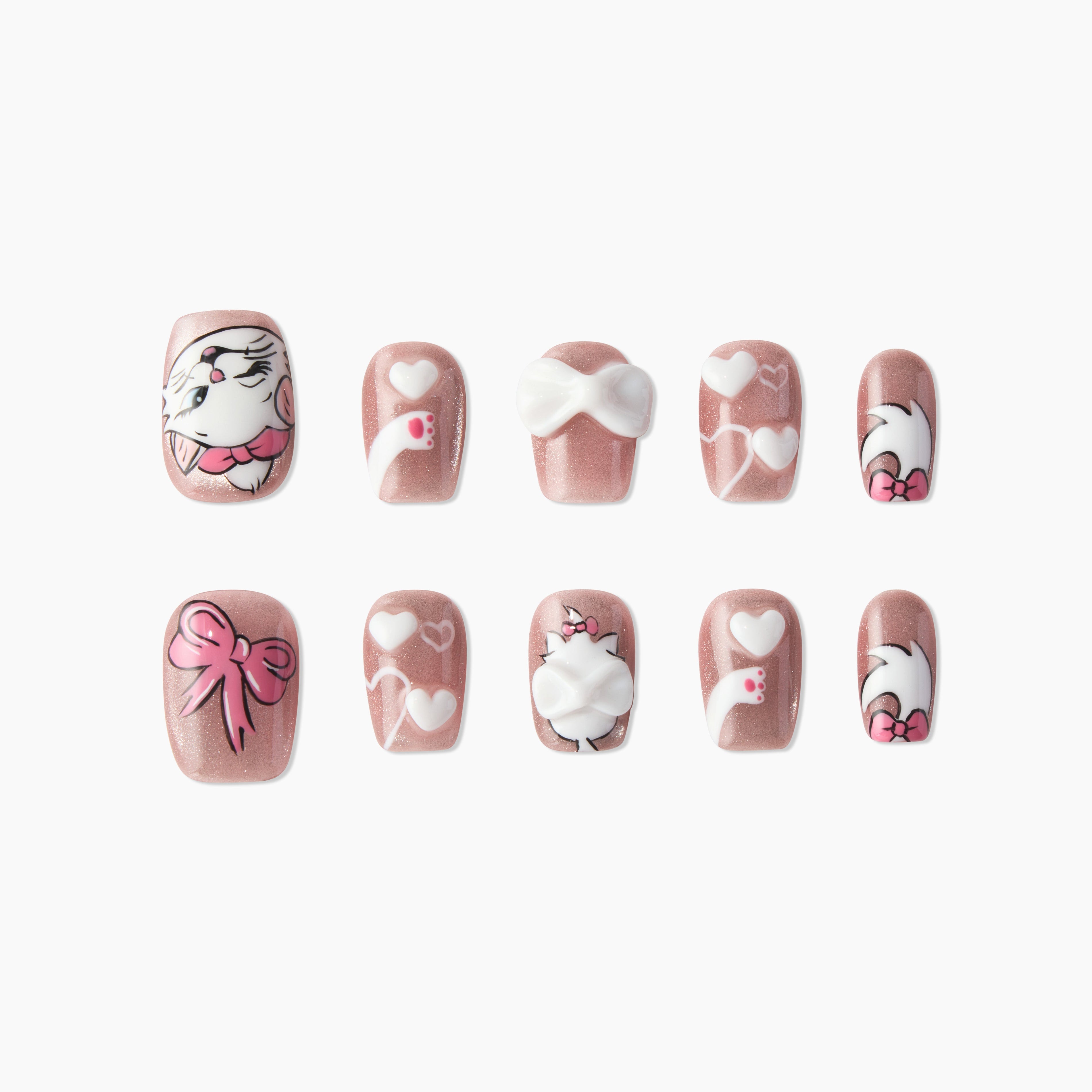 Cute pink handmade press-on nails with cat, bows, hearts, and glittery finish