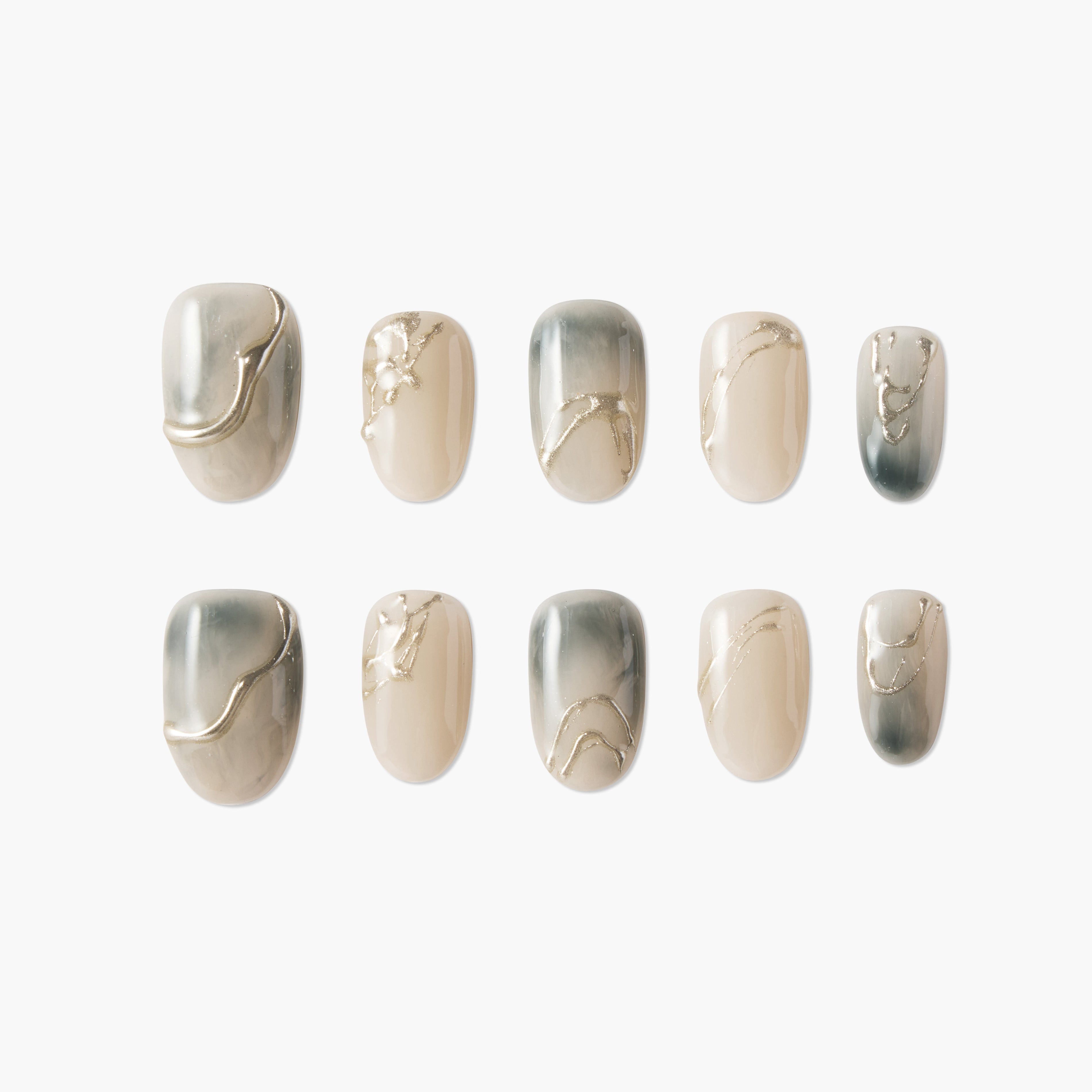 Handmade press-on nails with neutral beige and grey marble design and gold accents