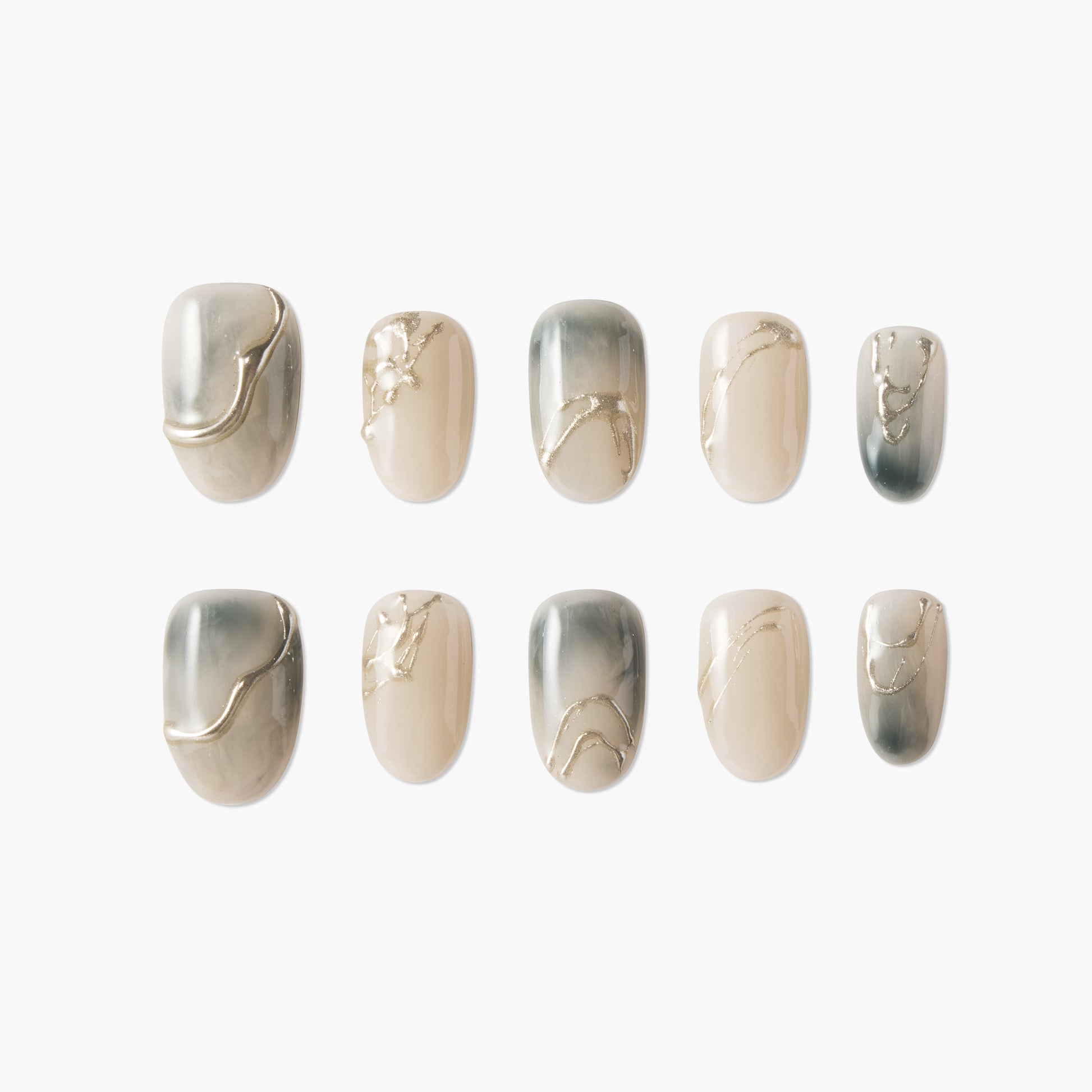 Handmade press-on nails with neutral beige and grey marble design and gold accents