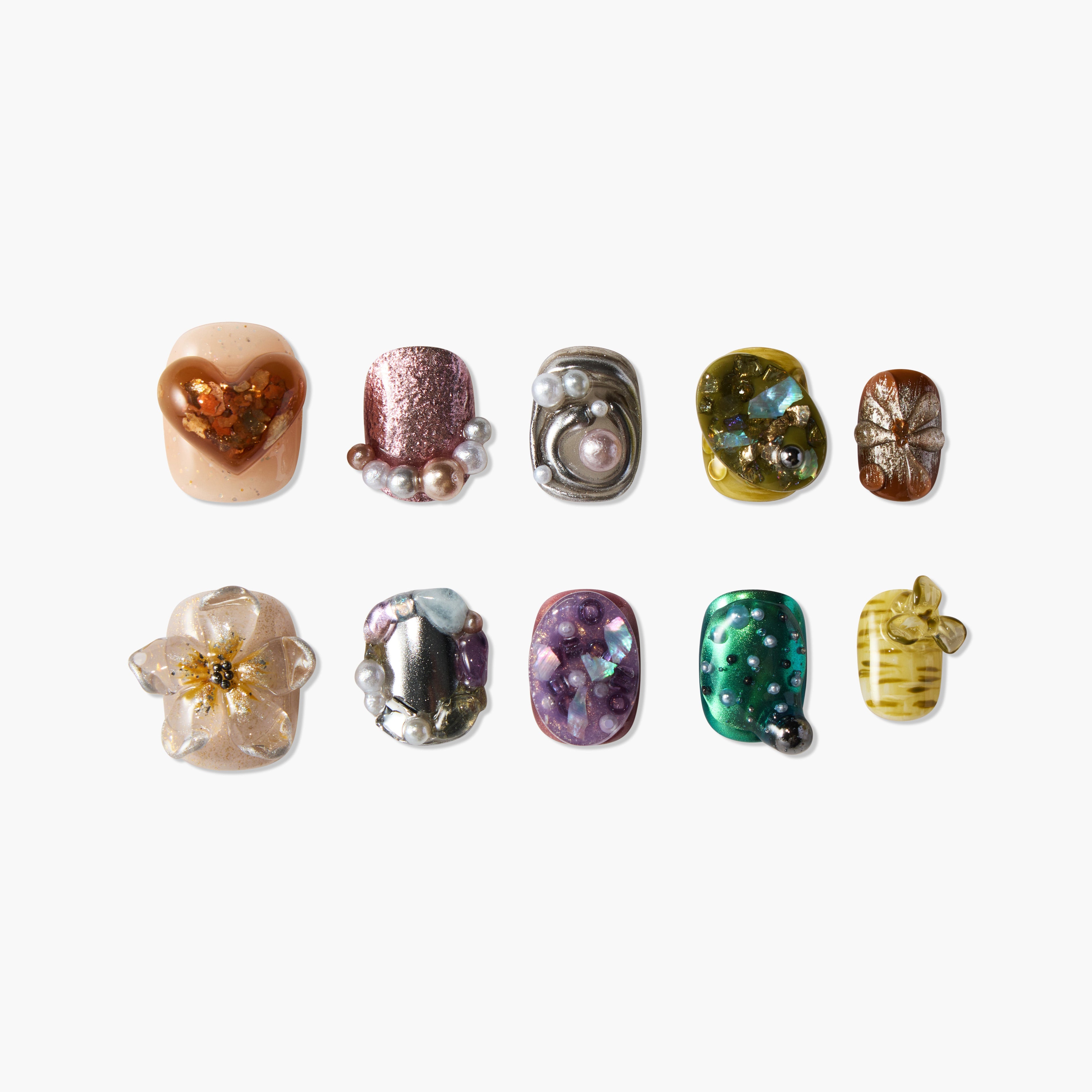 Colorful handmade press-on nails with 3D heart, pearls, floral, and gem embellishments