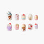 Handmade press-on nails with dessert designs like ice cream, cupcake, cherries, and boba tea.
