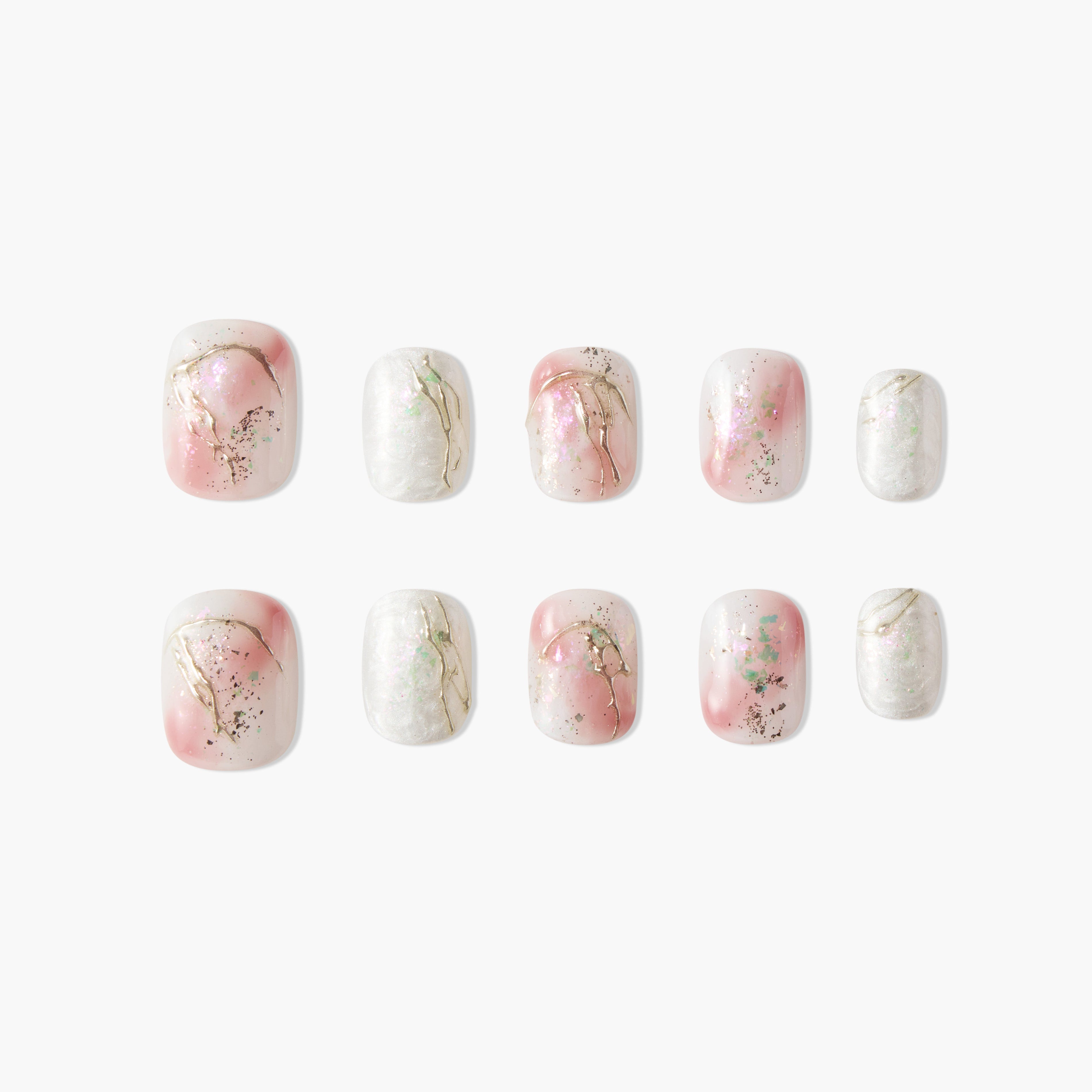 Handmade press-on nails with marble pink, white, gold accents and iridescent details