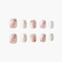 Handmade press-on nails with marble pink, white, gold accents and iridescent details