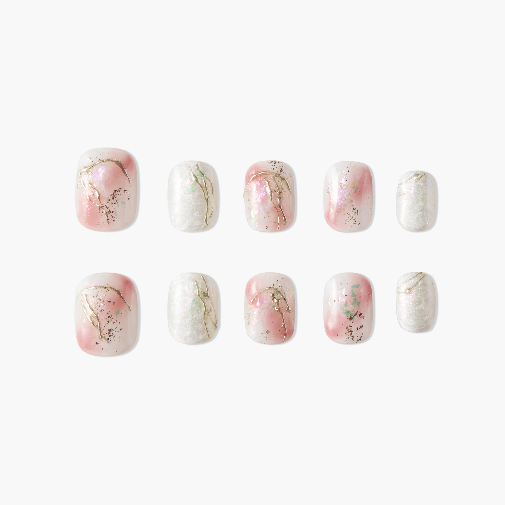 Handmade press-on nails with marble pink, white, gold accents and iridescent details