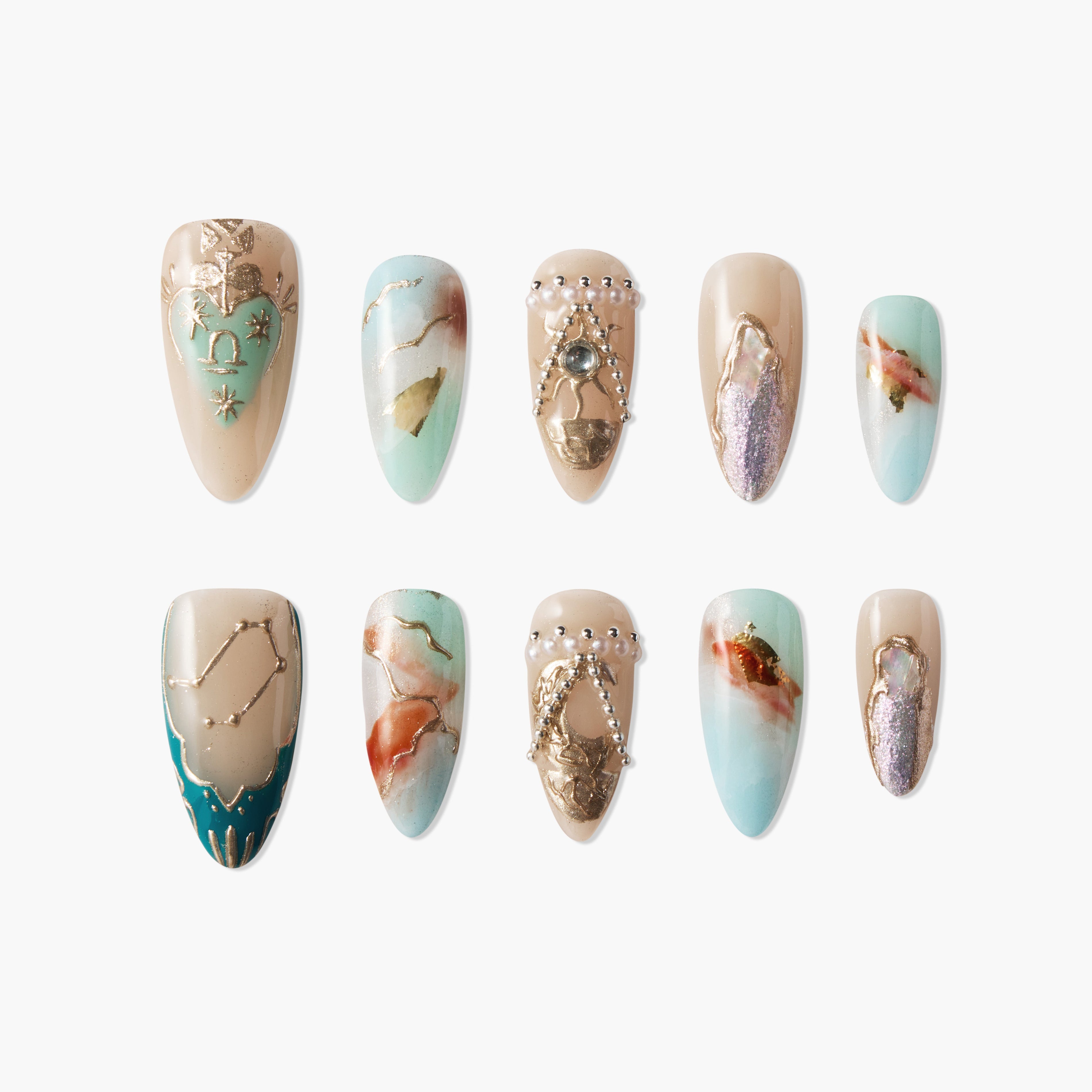 Handmade press-on nails with pastel marble design, gold accents, and gem embellishments