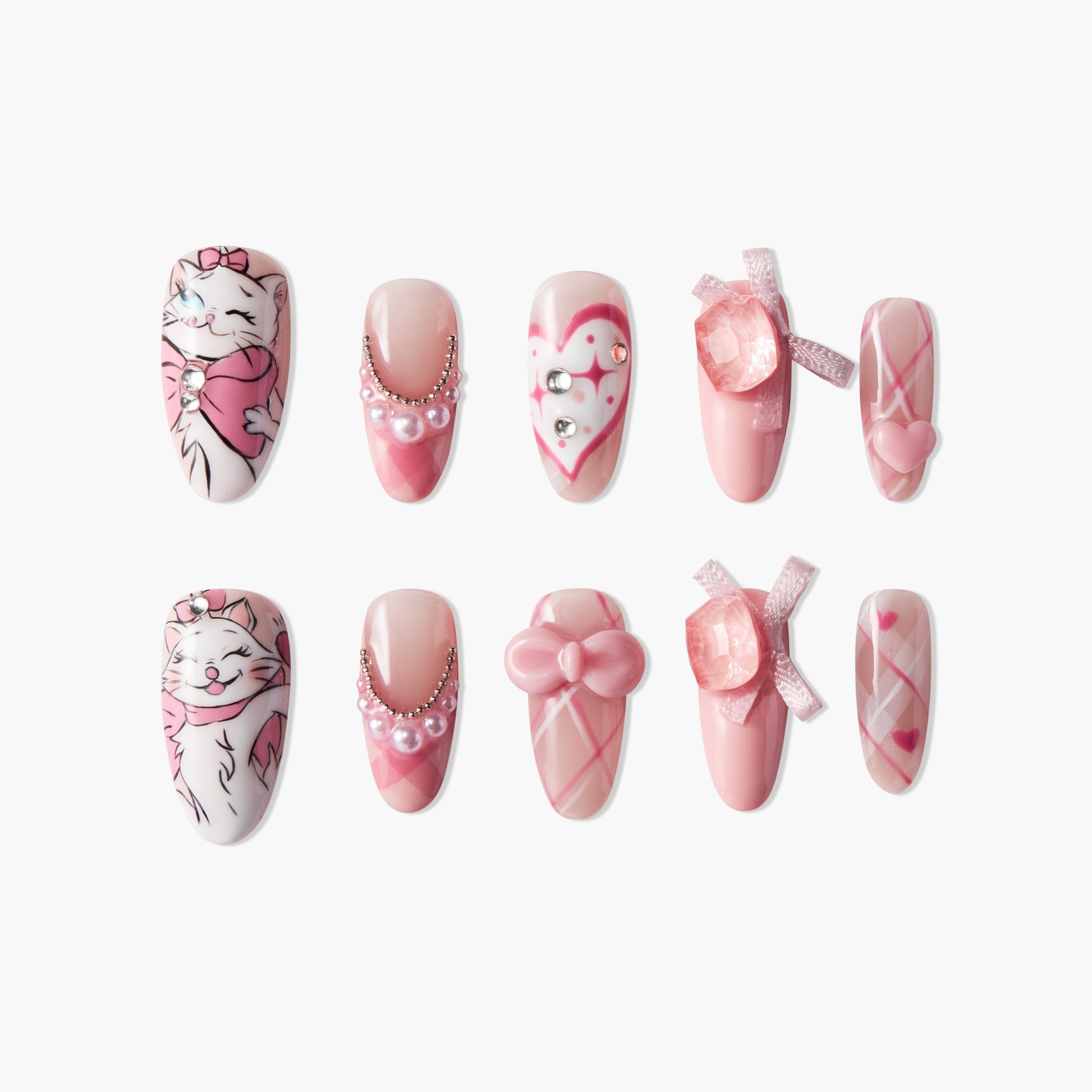 Handmade press-on nails with cute pink cat, hearts, pearls, and bow designs