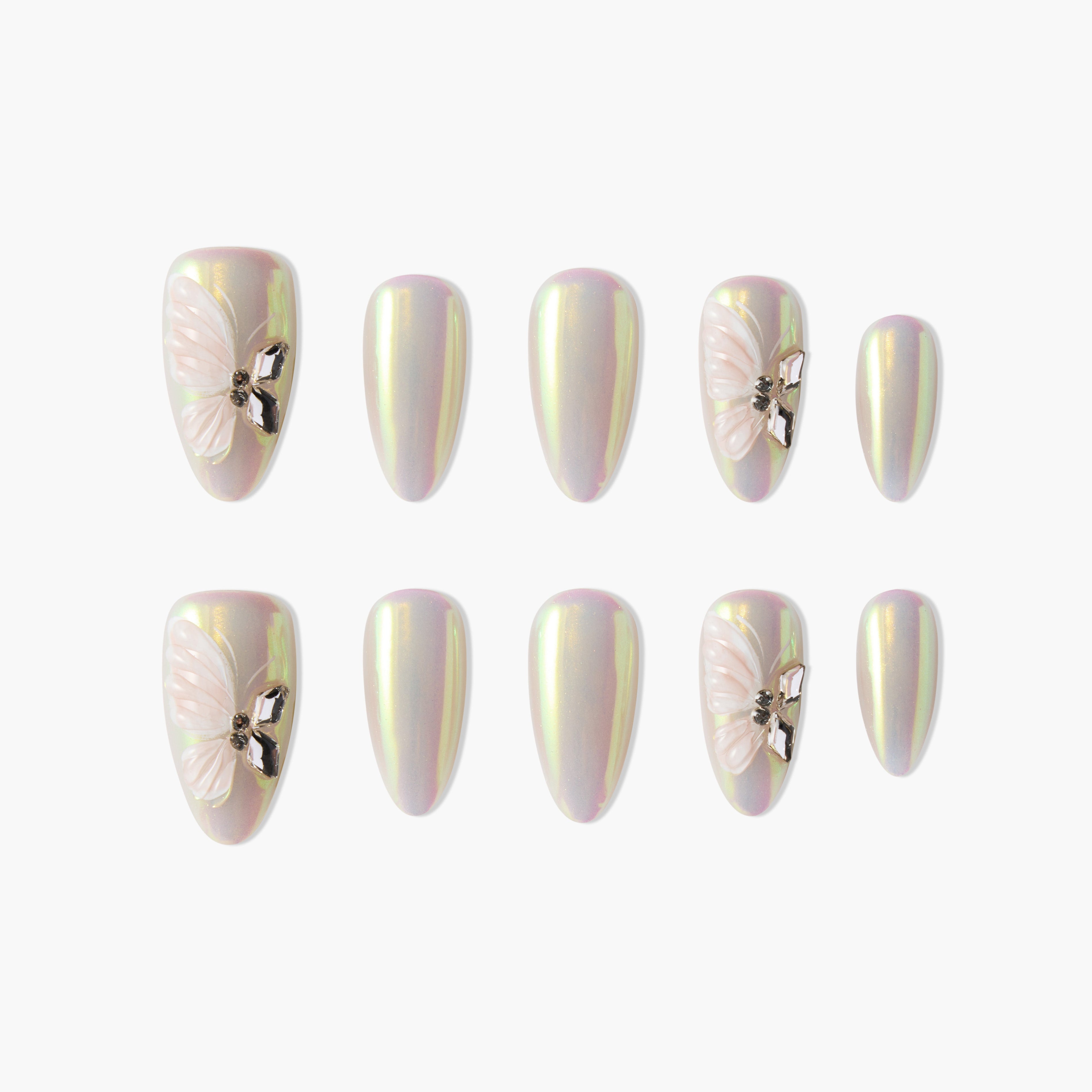 Iridescent press-on nails set with 3D butterfly and rhinestone accents, elegant oval shape