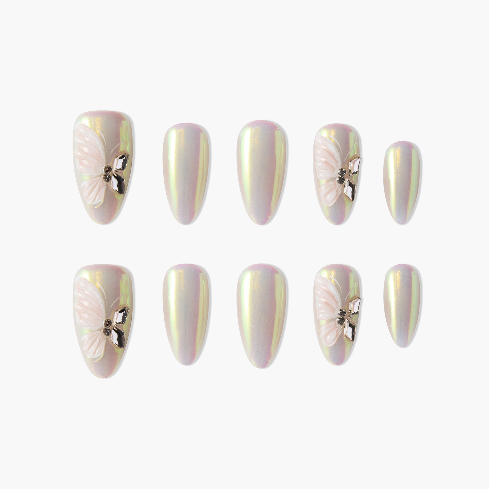 Iridescent press-on nails set with 3D butterfly and rhinestone accents, elegant oval shape