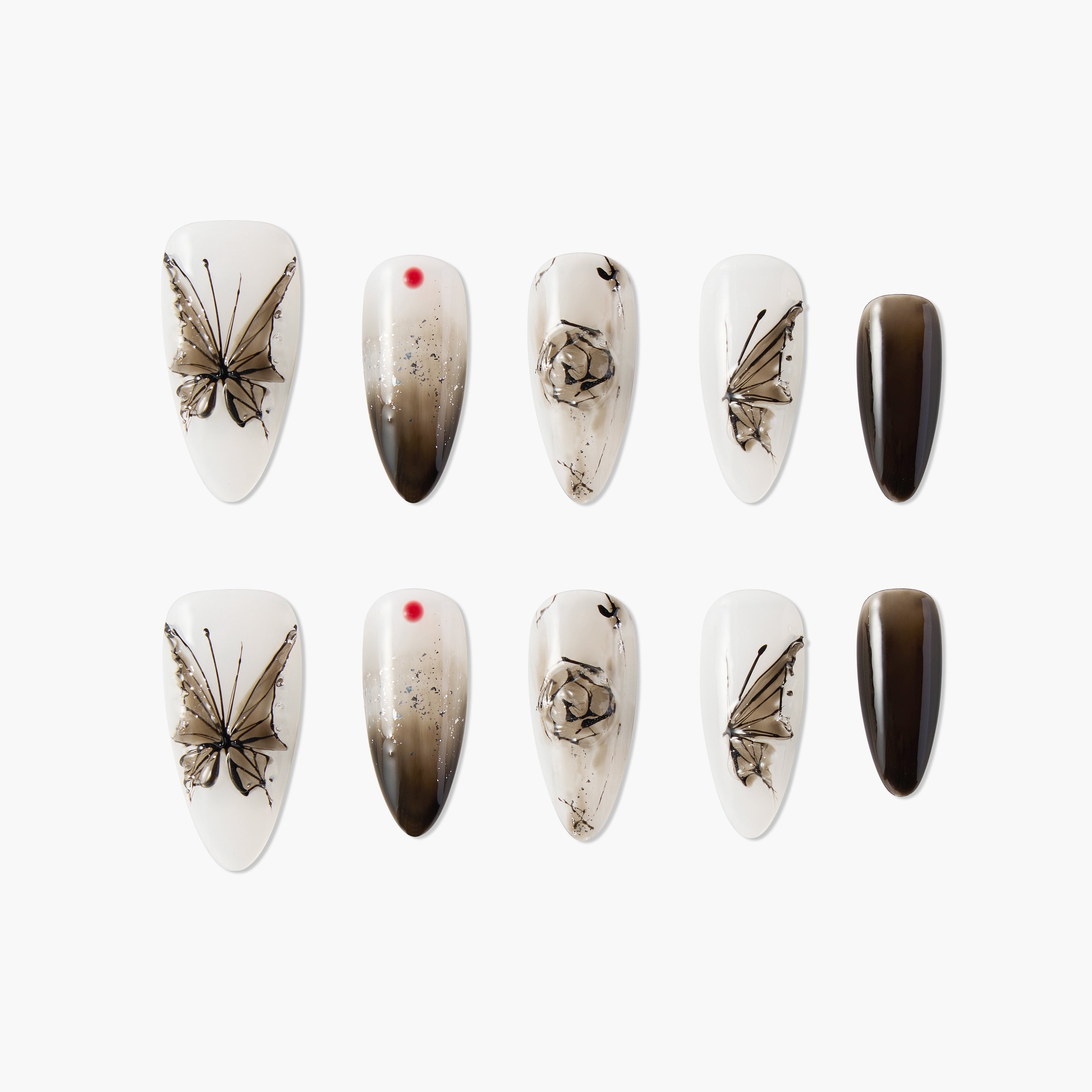 Handmade press-on nails with black butterfly, rose, and gradient designs on a white background