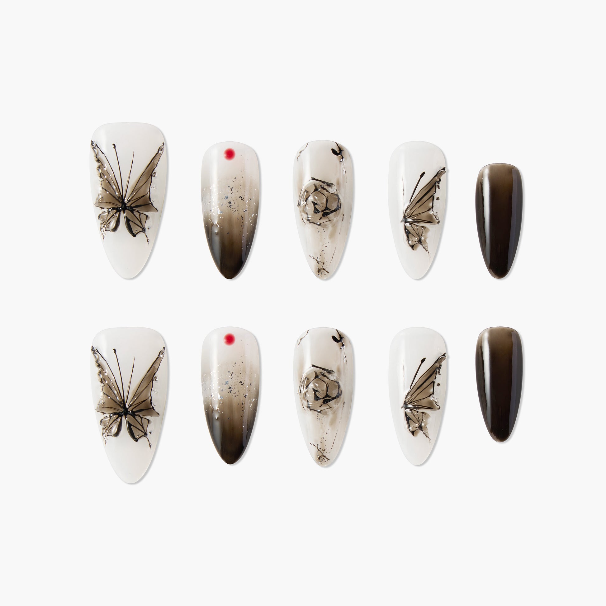Handmade press-on nails with black butterfly, rose, and gradient designs on a white background