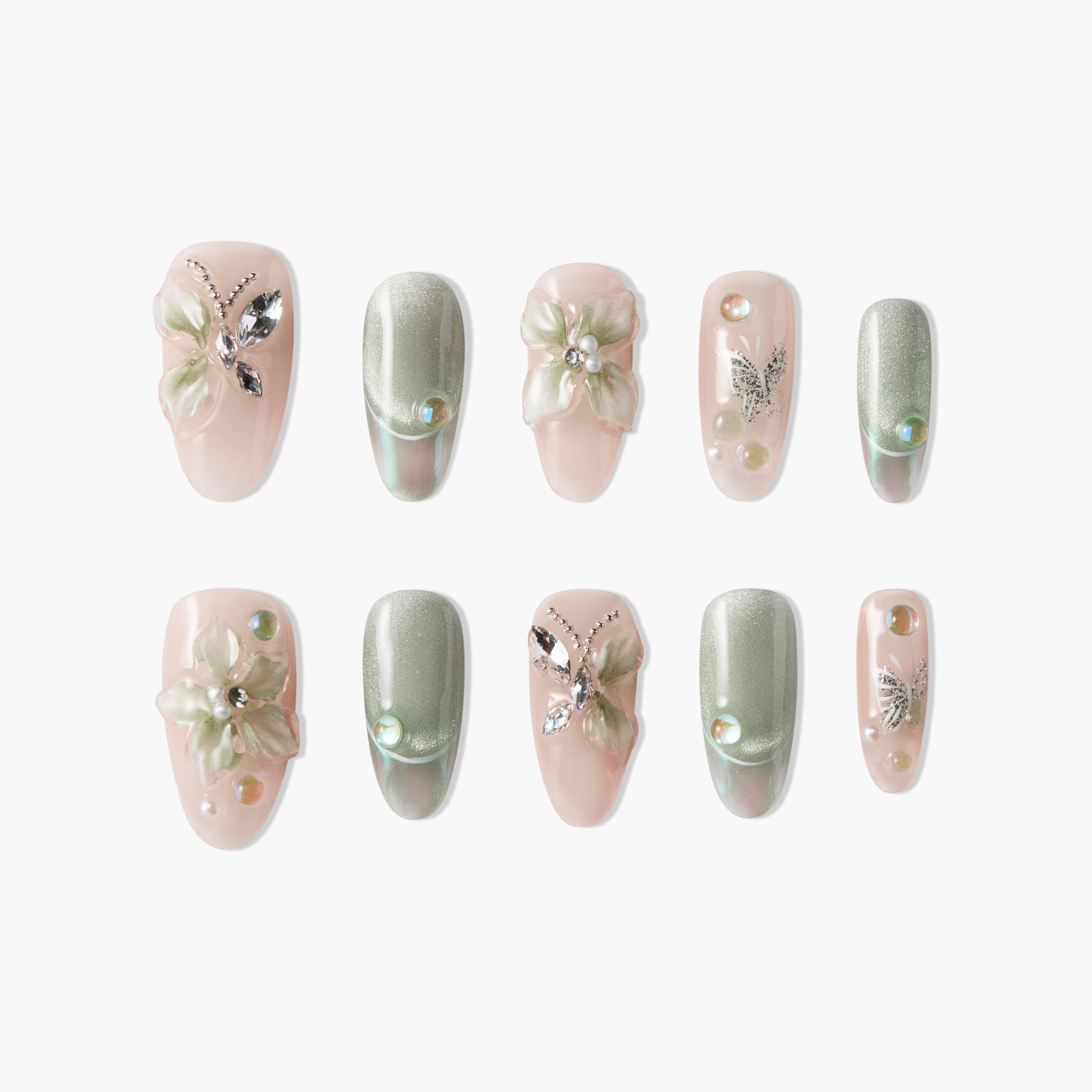 Handmade press-on nails with 3D floral designs, pearls, crystals, and butterfly accents in pink and green.