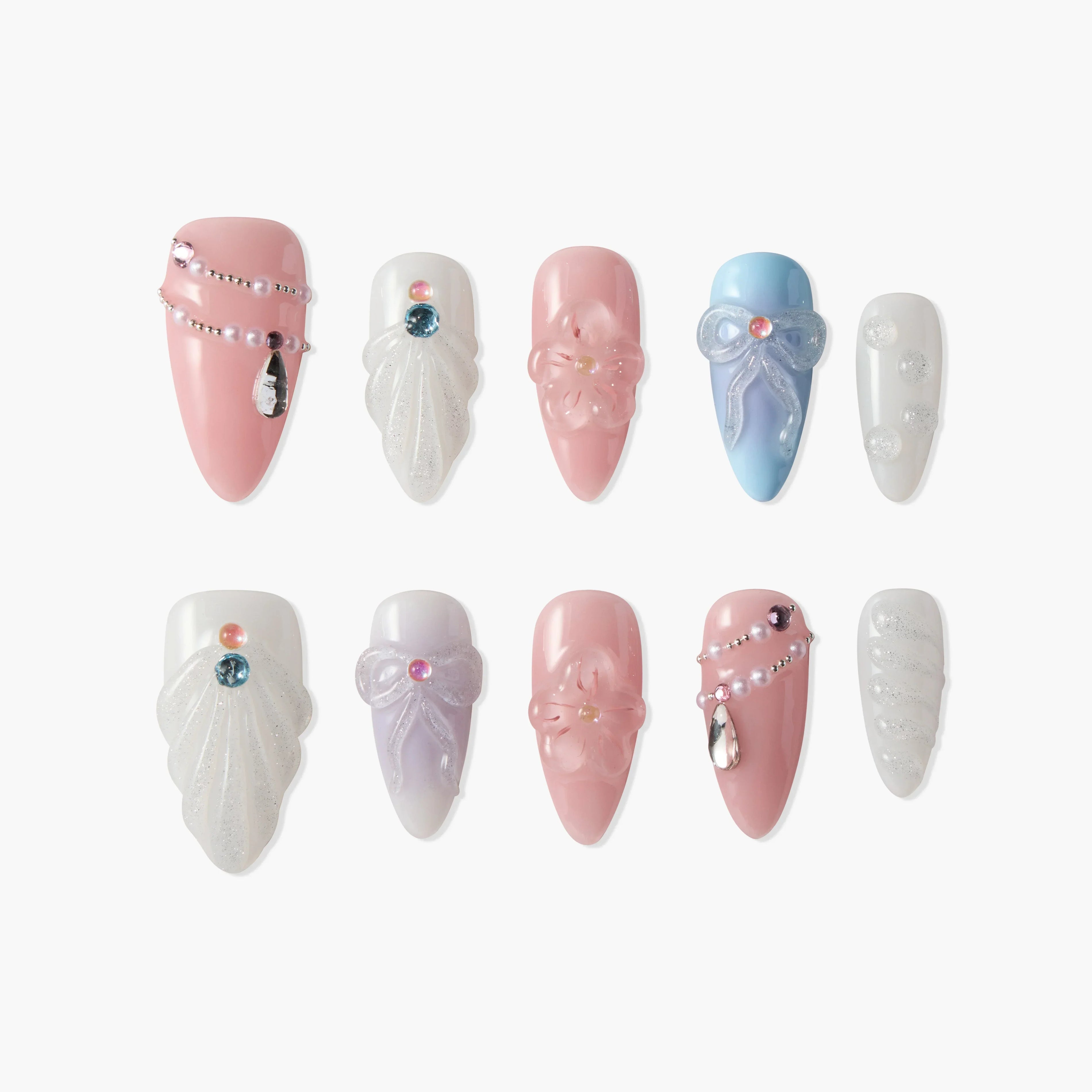 Handmade press-on nails with pink, white, blue, and purple 3D floral and gem designs.