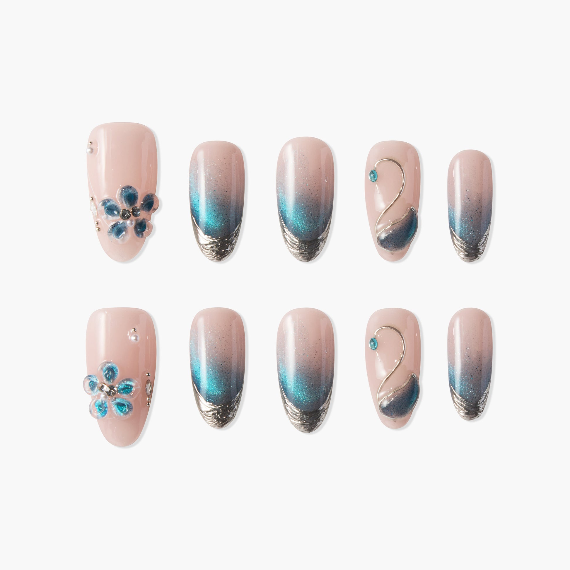 Blue and nude ombre press-on nails with 3D floral and gemstone accents, handmade nail art set