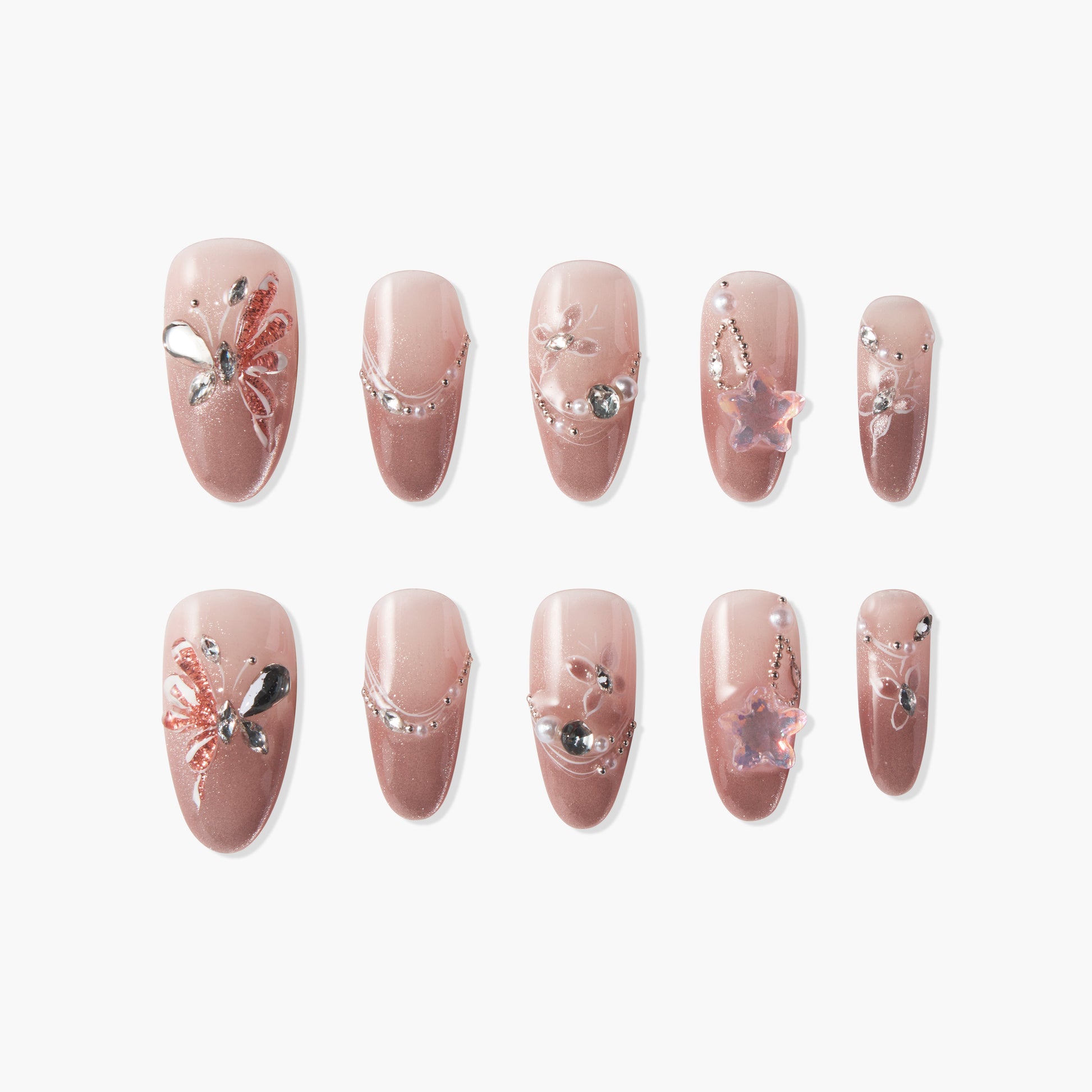 Handmade pink ombre press-on nails with butterfly, rhinestone, and floral 3D designs
