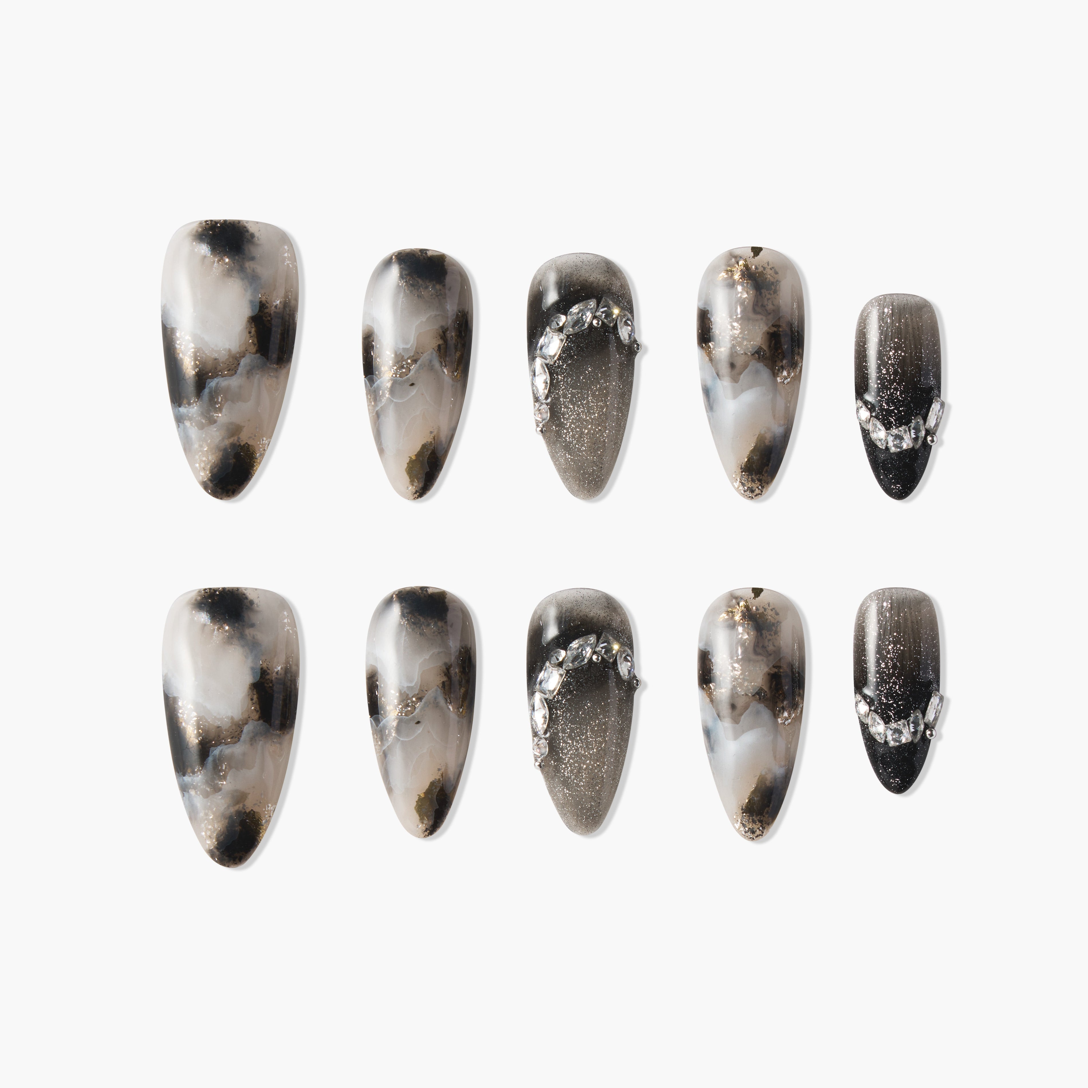 Marble black and gold press-on nails with glitter and rhinestone accents, ten nail set
