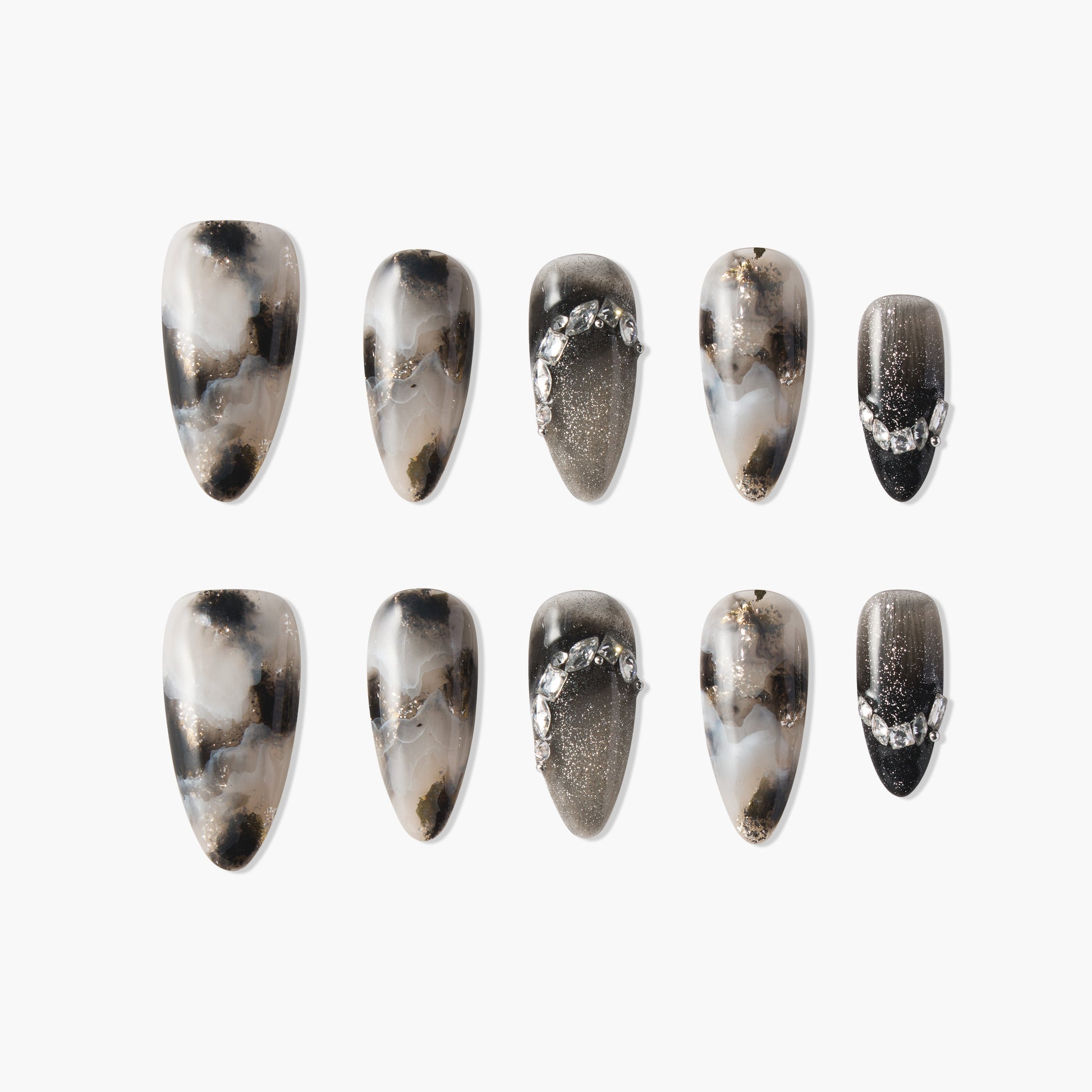Marble black and gold press-on nails with glitter and rhinestone accents, ten nail set