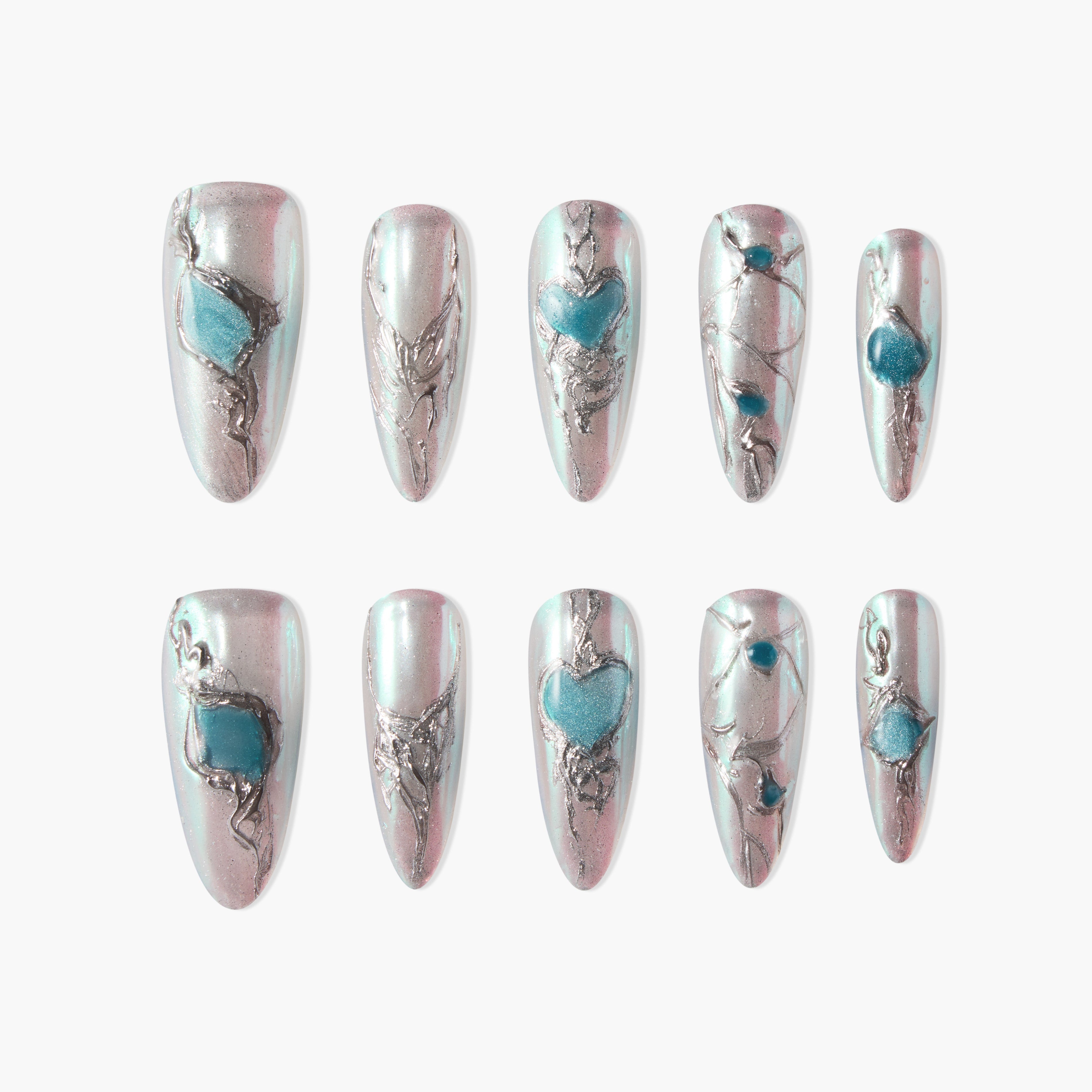 Metallic silver press-on nails with blue gemstone and heart accents, ten-piece set