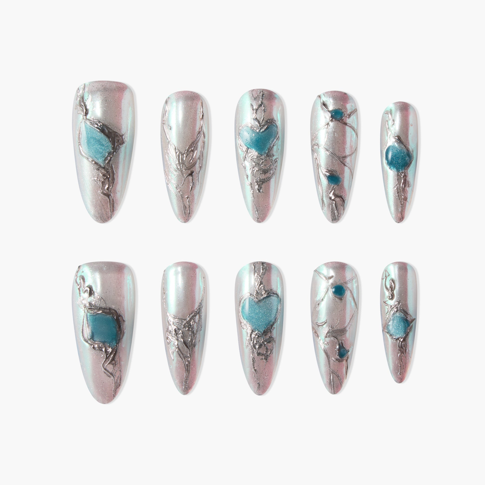 Metallic silver press-on nails with blue gemstone and heart accents, ten-piece set