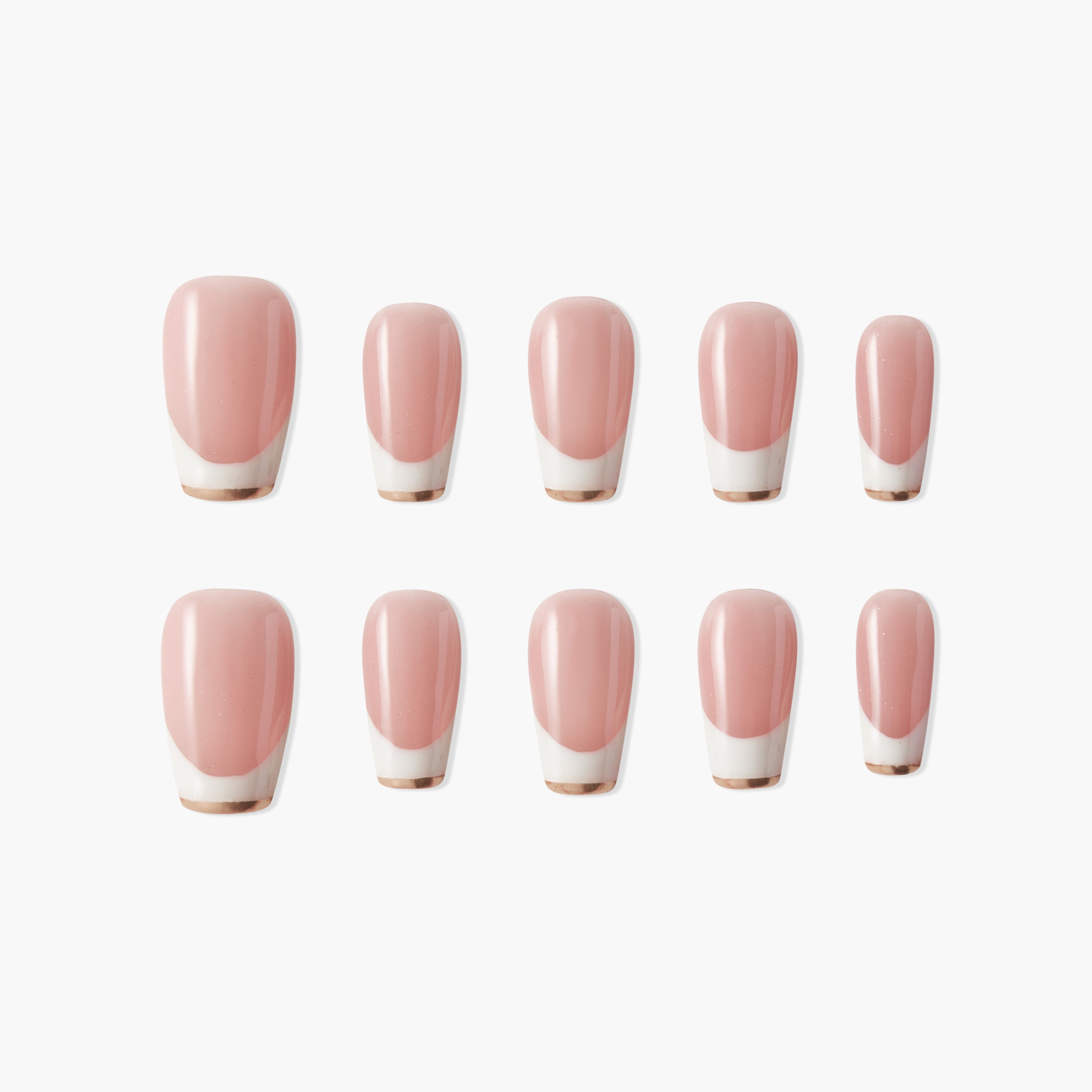 Set of pink and white press-on nails with glossy finish, oval shape, on white background