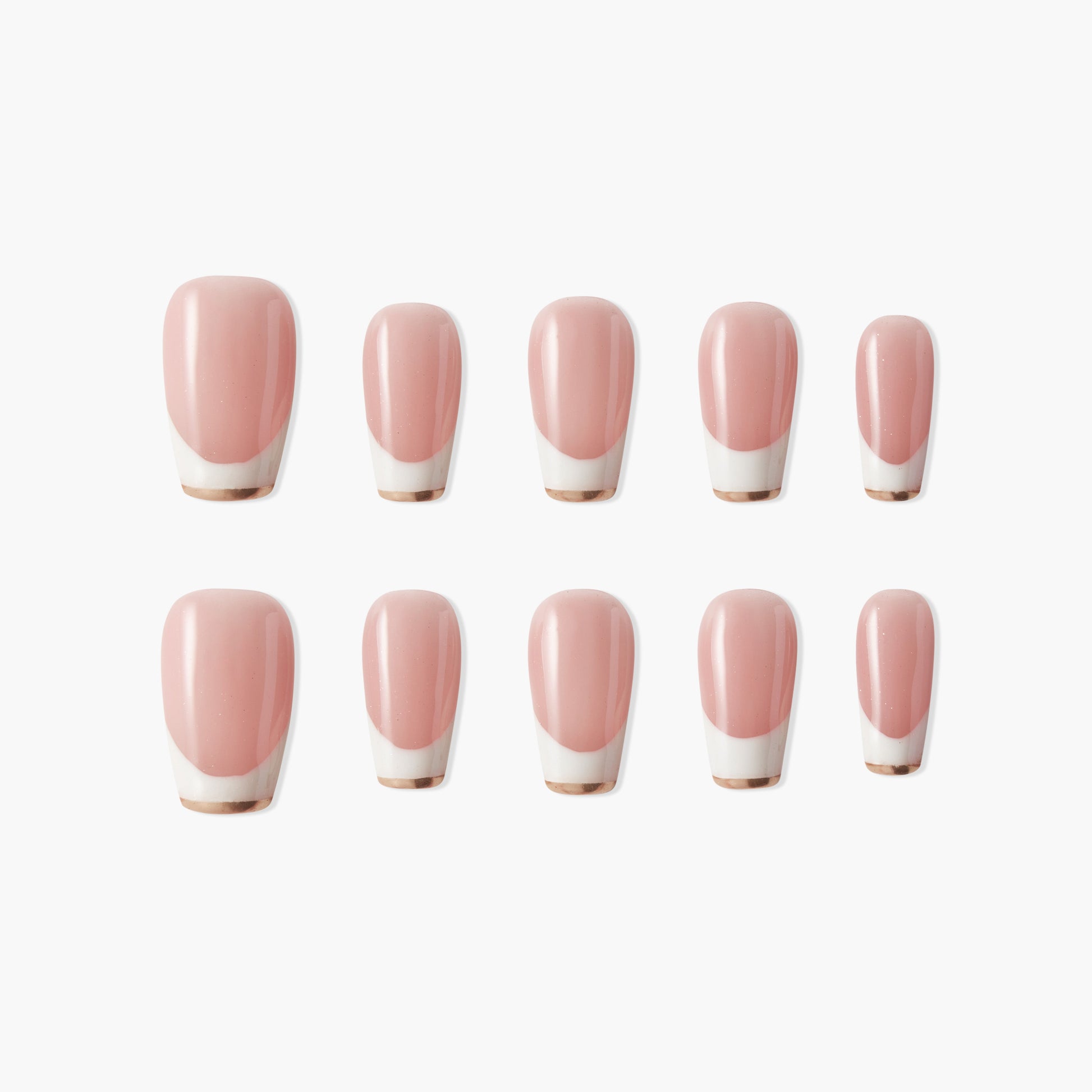 Set of pink and white press-on nails with glossy finish, oval shape, on white background