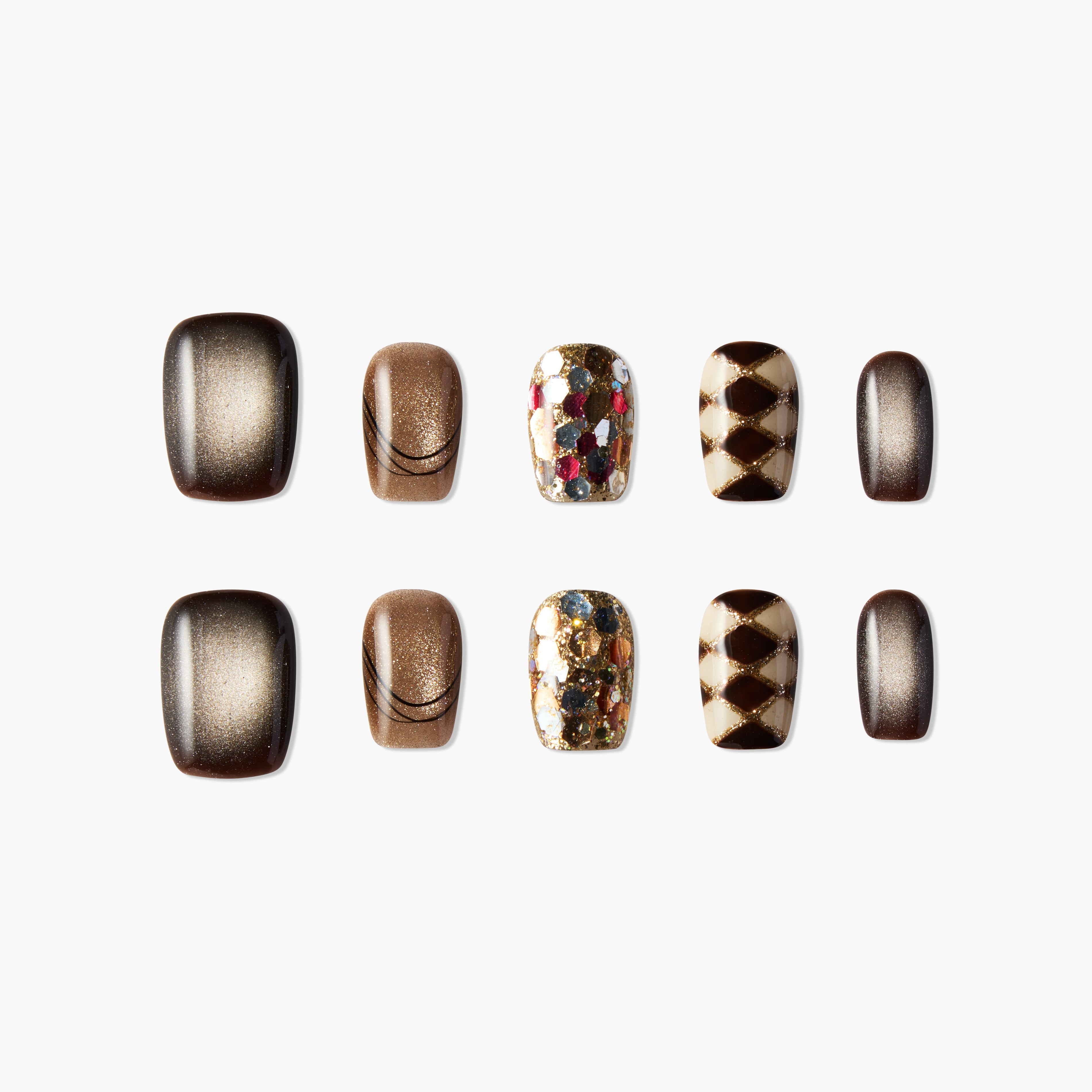 Handmade press-on nails in brown, gold glitter, and diamond pattern designs