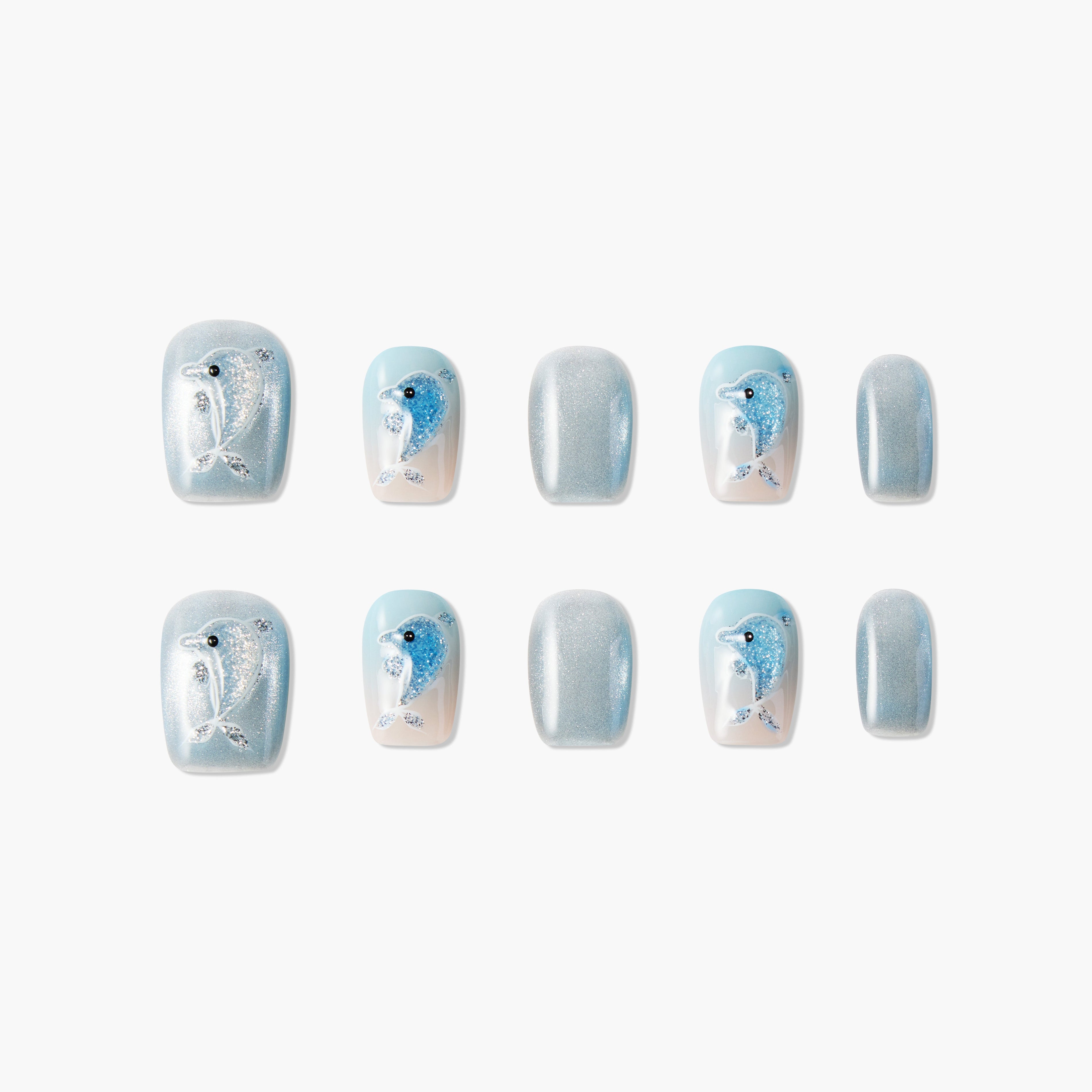 Handmade press-on nails with glittery blue dolphin designs and light blue shimmer accents