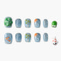 Handmade press-on nails with koi fish, lily pad, and frog designs on blue shimmer background