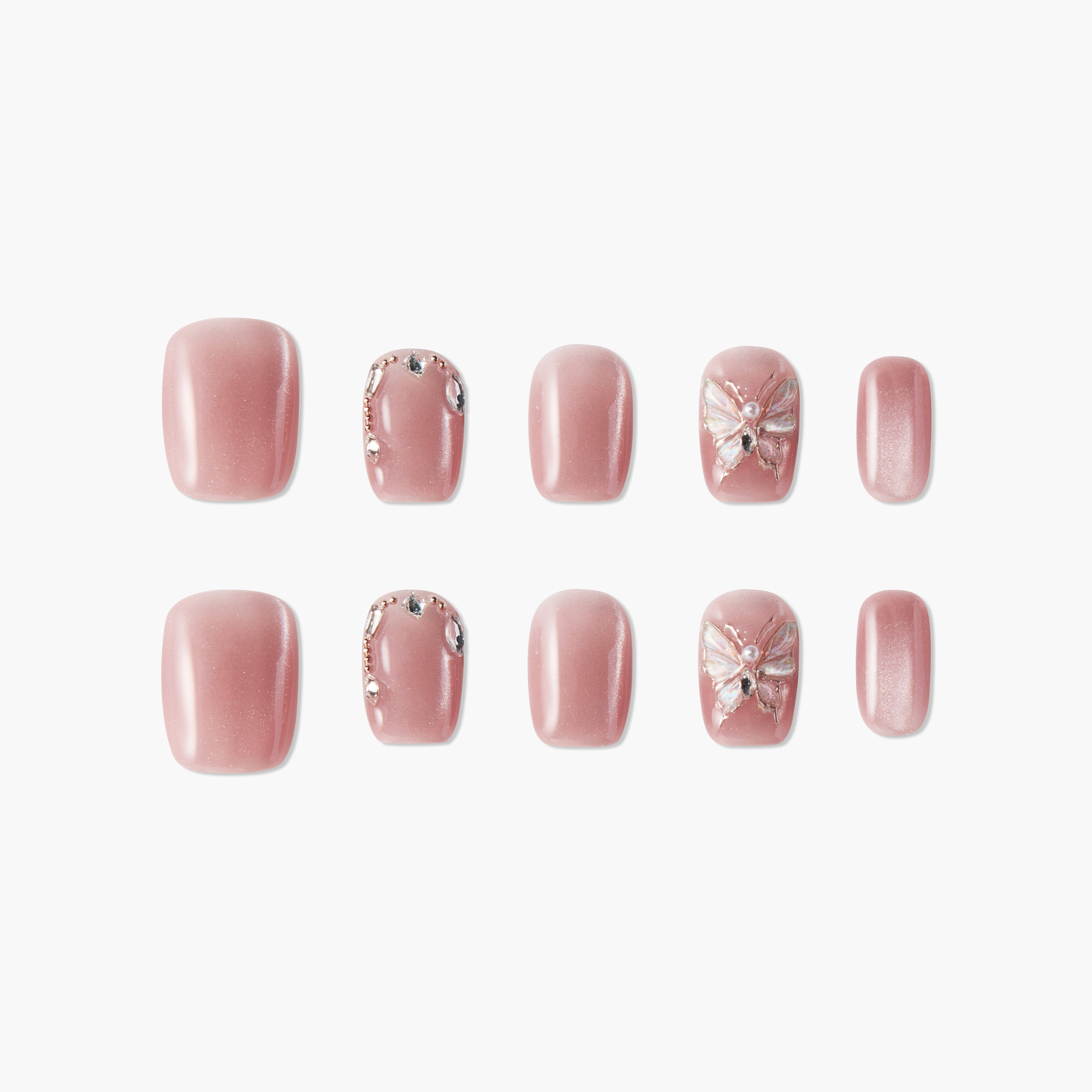 Handmade pink press-on nails with rhinestone and butterfly embellishments, medium square shape