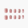 Handmade pink press-on nails with rhinestone and butterfly embellishments, medium square shape