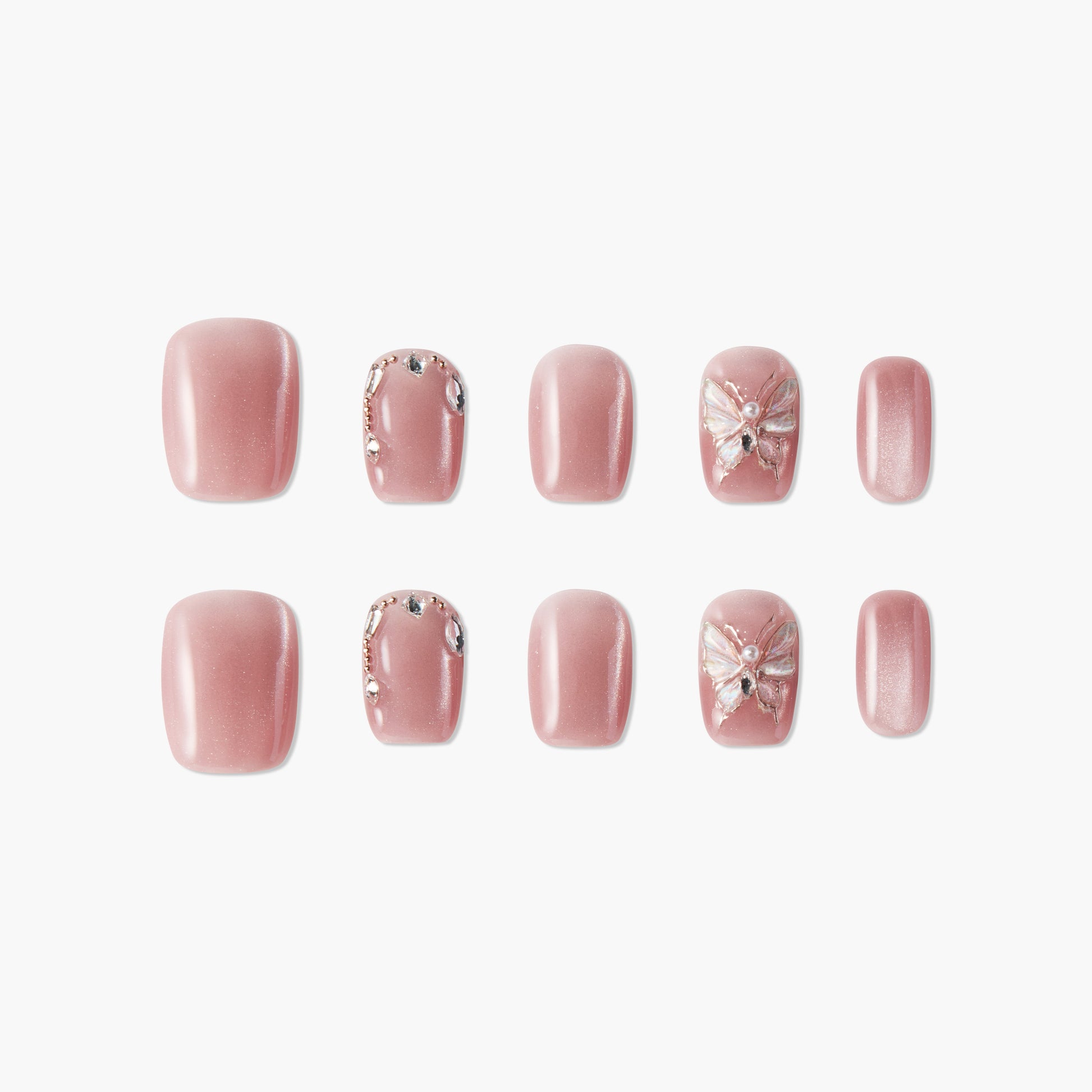 Handmade pink press-on nails with rhinestone and butterfly embellishments, medium square shape