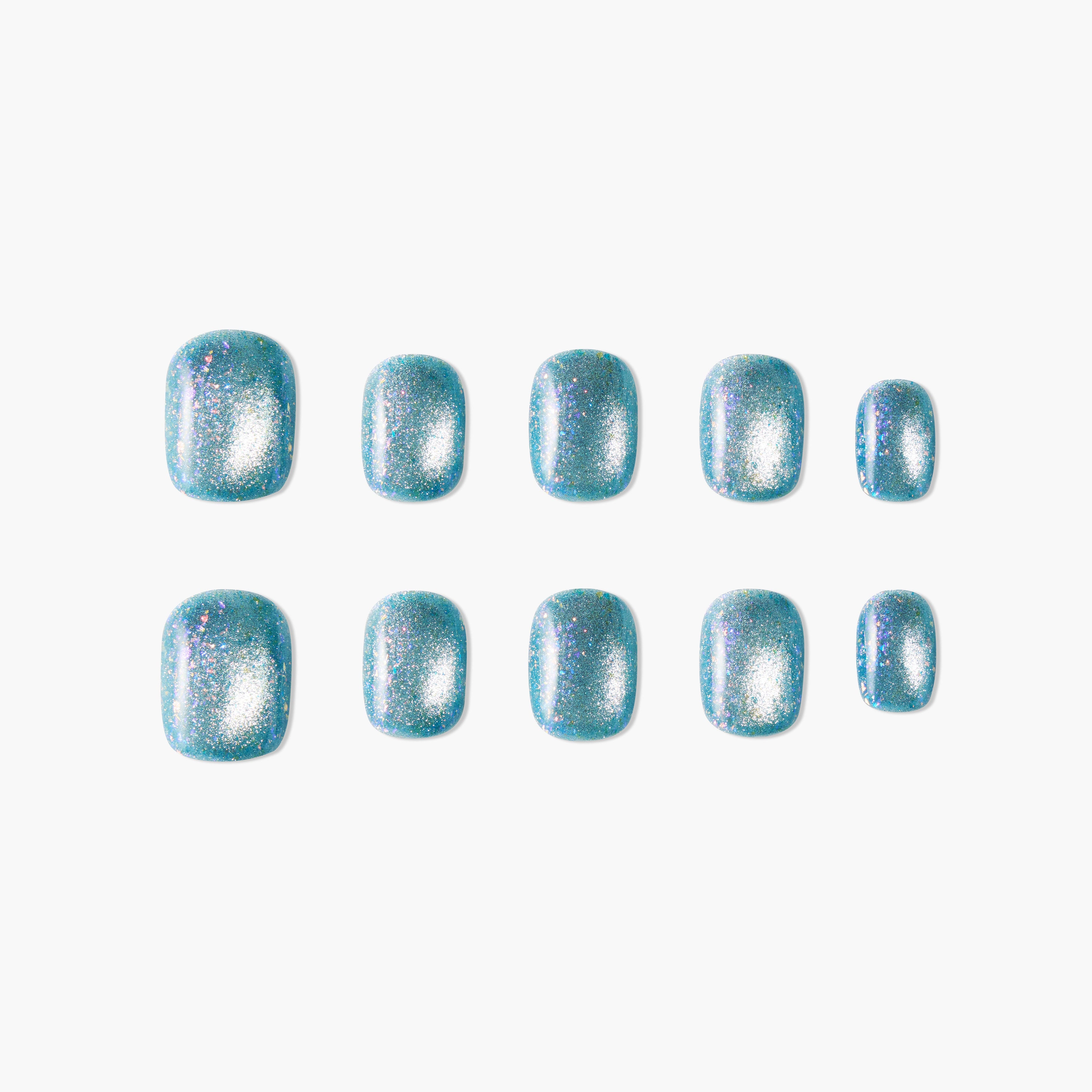 Set of blue glitter press-on nails with a glossy, iridescent finish on white background