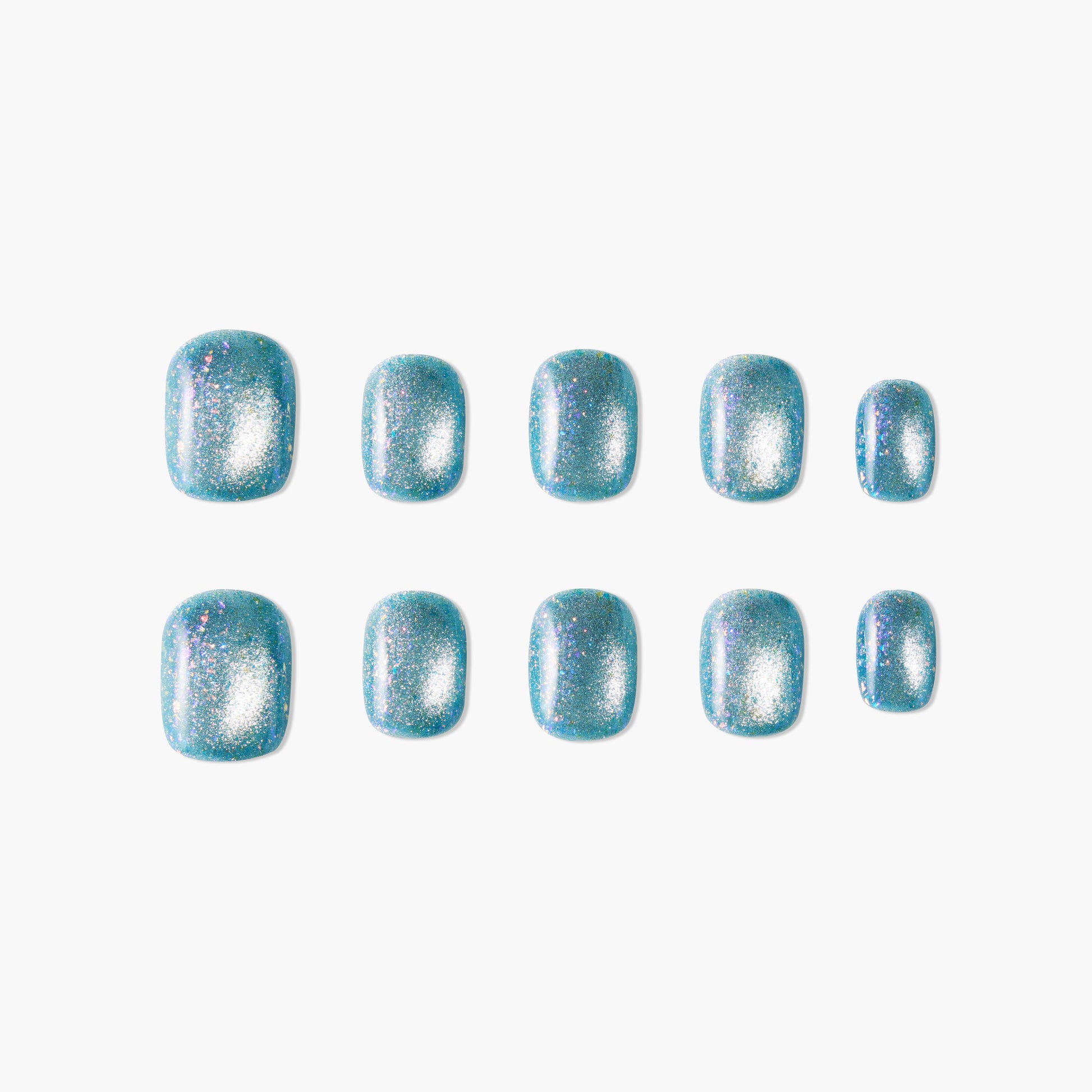 Set of blue glitter press-on nails with a glossy, iridescent finish on white background