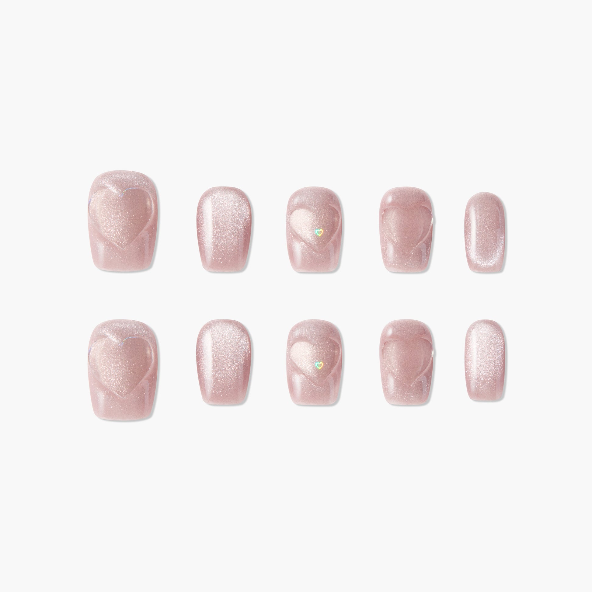 Set of pink shimmer press-on nails with glossy heart designs and small heart accents
