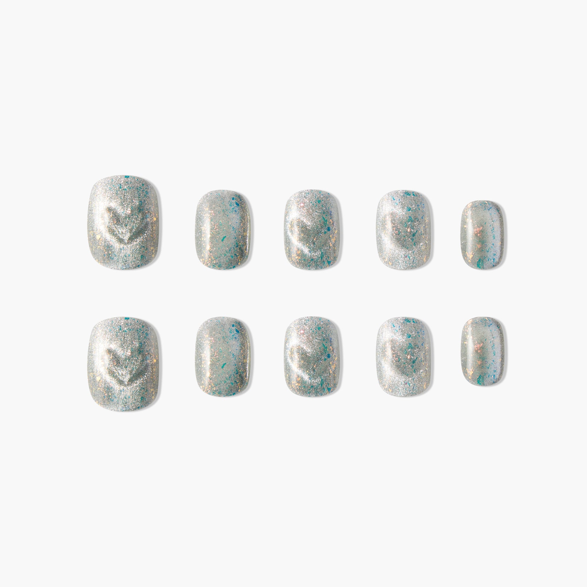 Set of shimmery silver and blue handmade press-on nails with glitter accents on white background