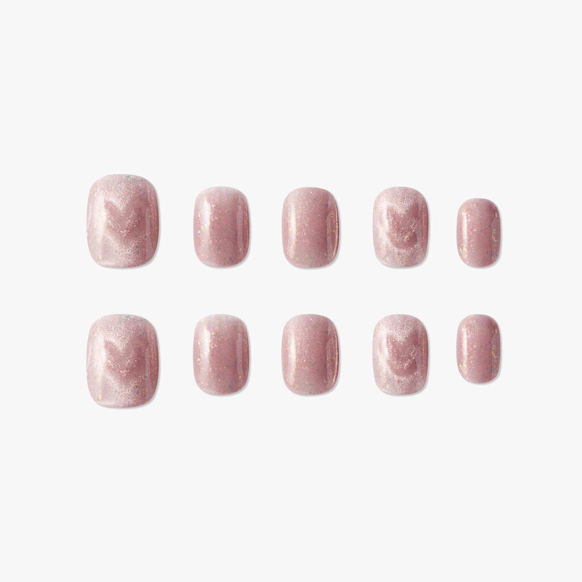 Set of square pink press-on nails with subtle shimmer and marble pattern on white background