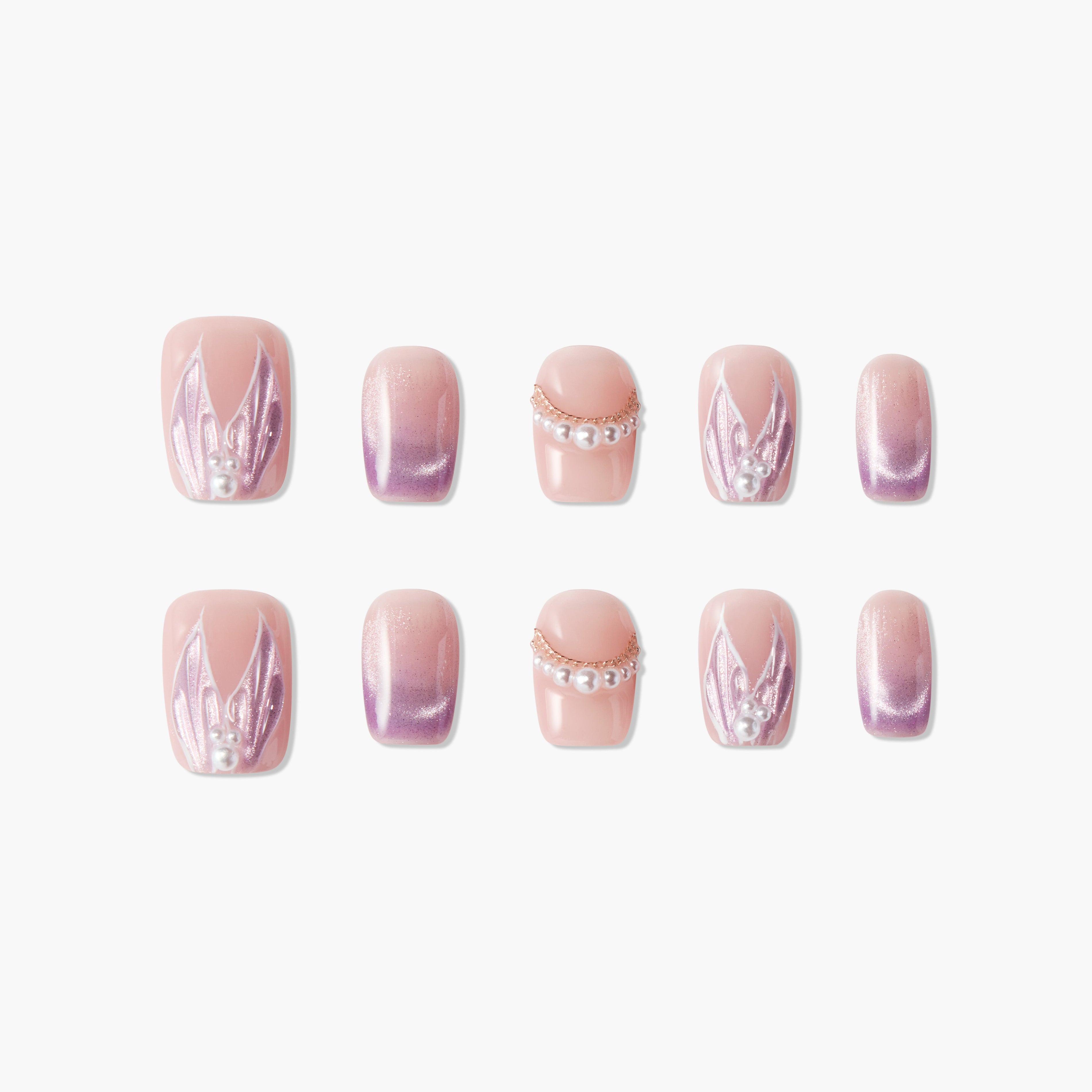 Handmade press-on nails in pink and purple with 3D pearl accents and floral designs