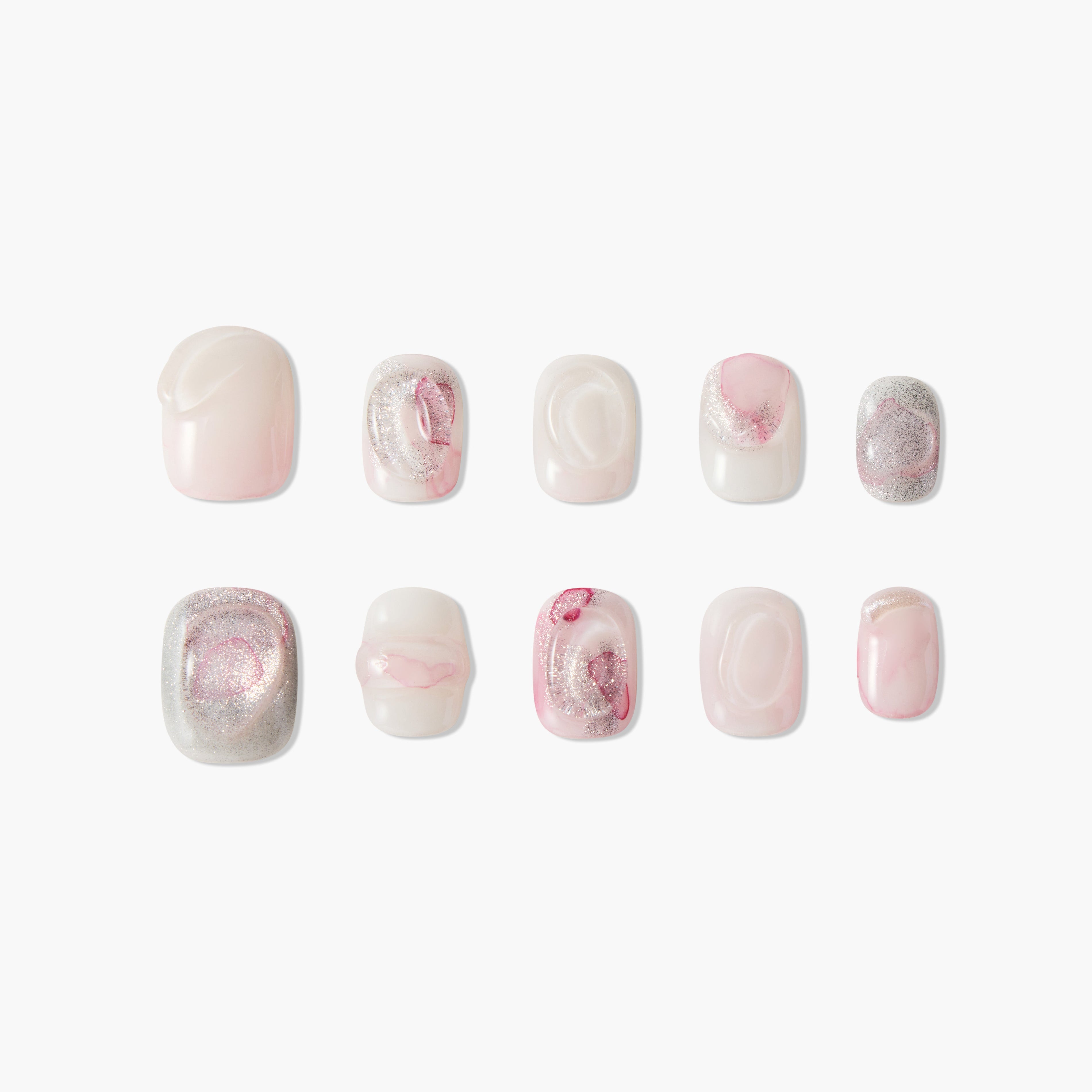 Handmade press-on nails in pink, white, and silver marble design with glossy finish