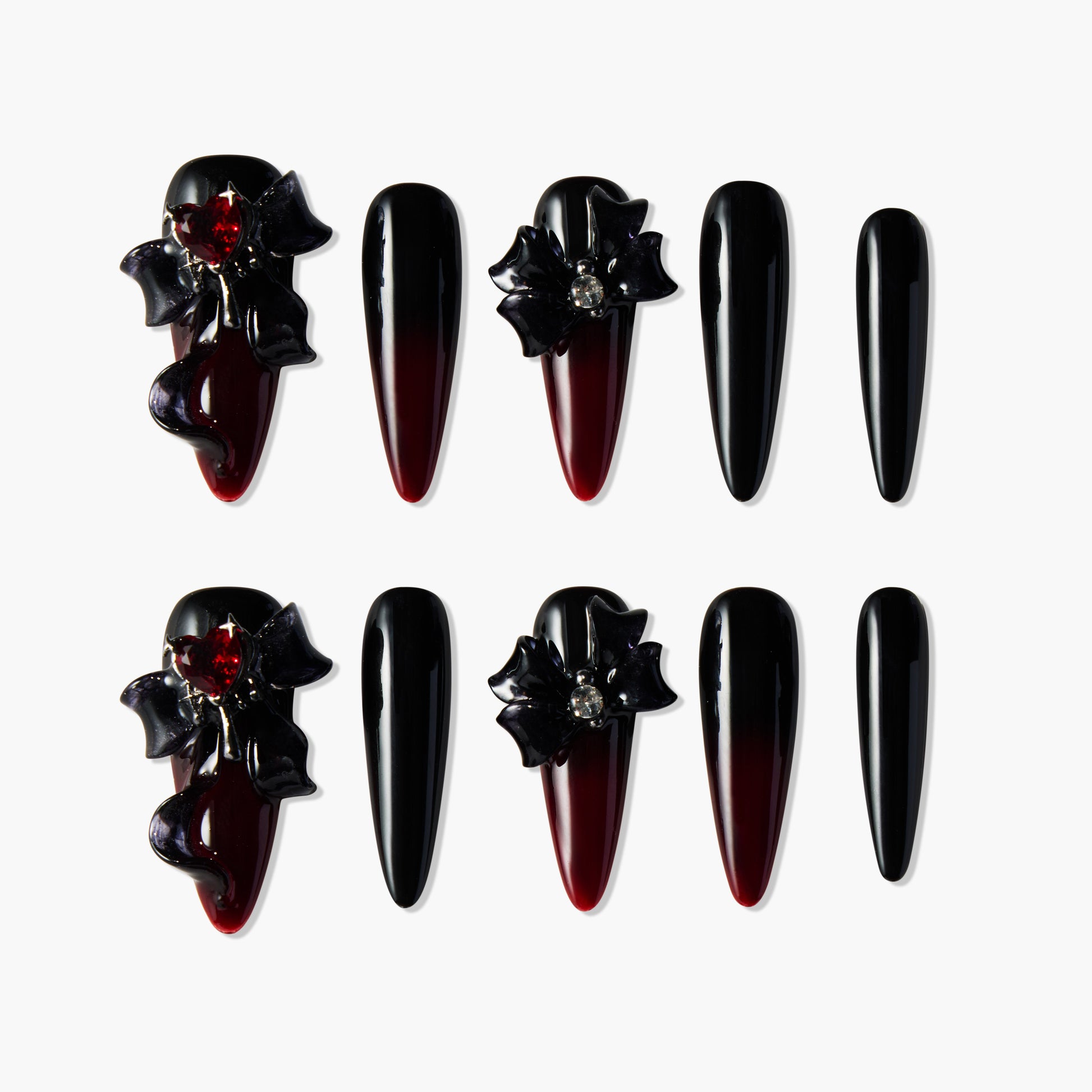 Black and red coffin press-on nails with 3D floral gems and glossy ombre finish