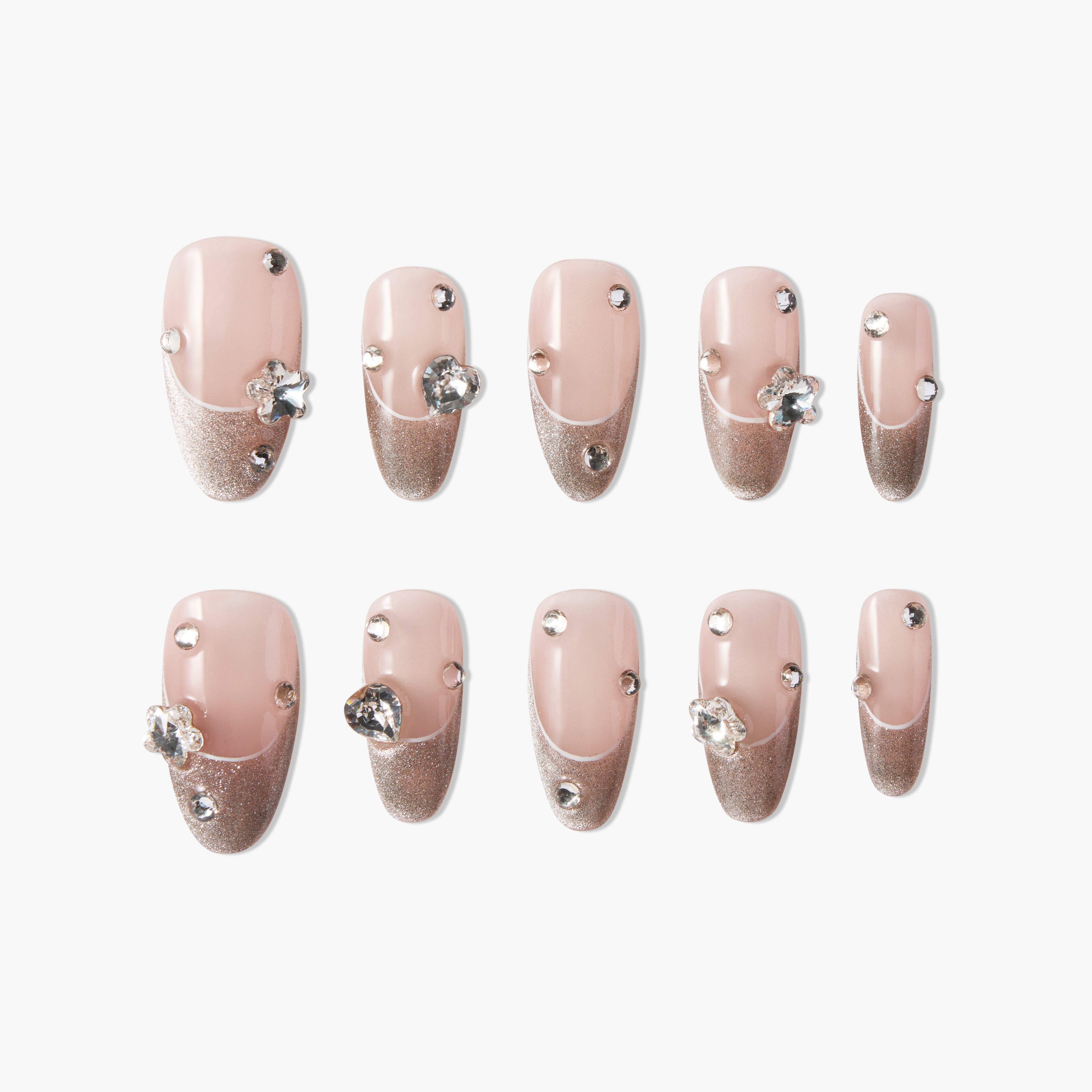 Set of pink and glitter press-on nails with rhinestone and floral 3D gems, stylish nail art